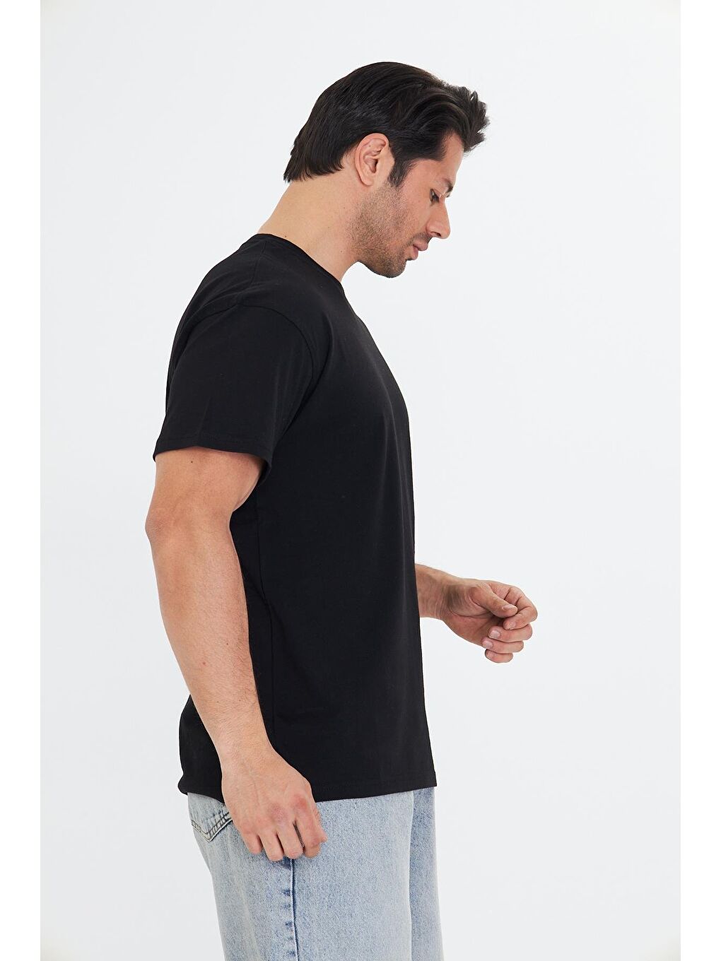 Erkek Pamuklu Bisiklet Yaka Oversize Tişört Siyah 5015-S-2