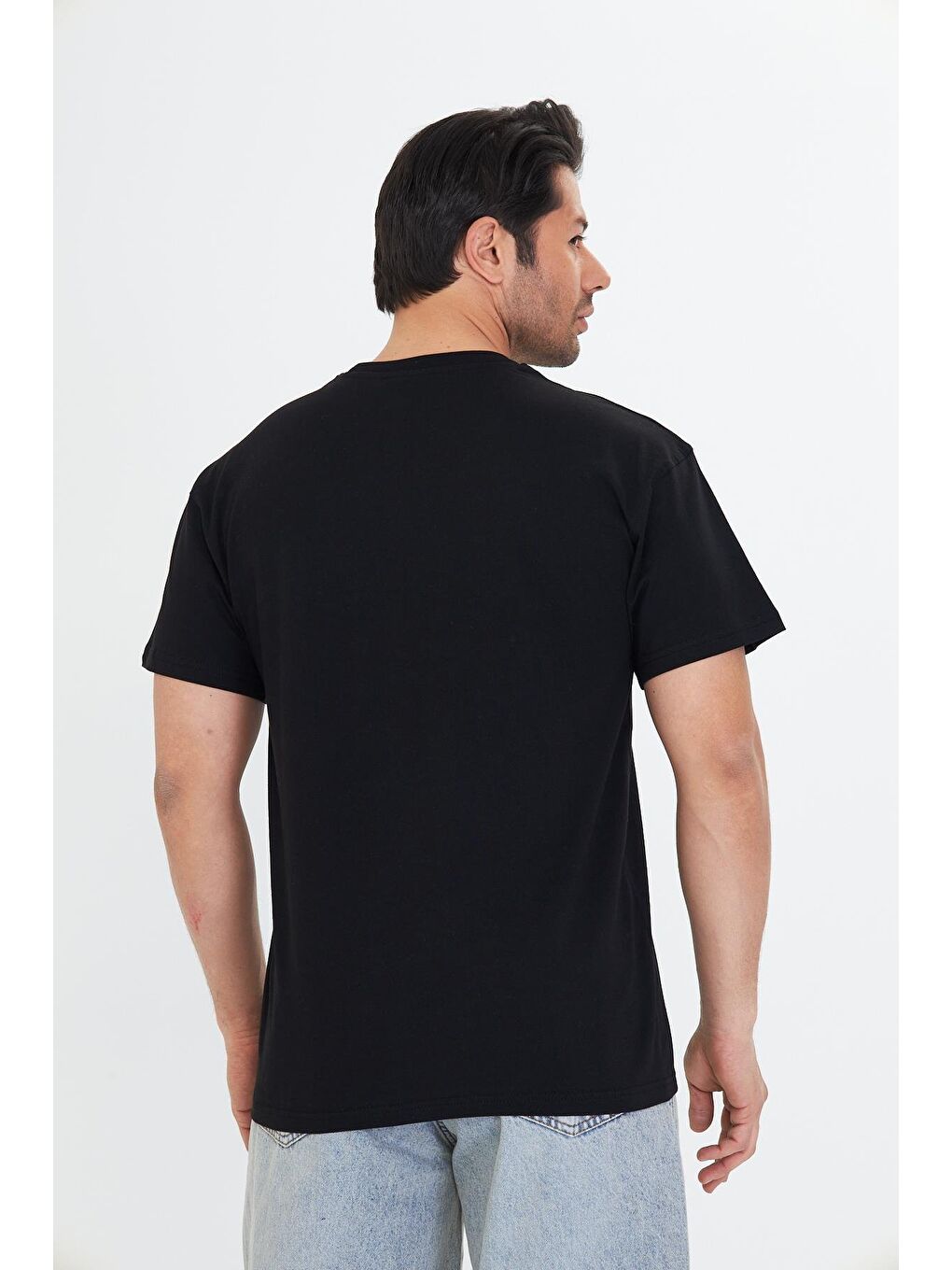 Erkek Pamuklu Bisiklet Yaka Oversize Tişört Siyah 5015-S-5