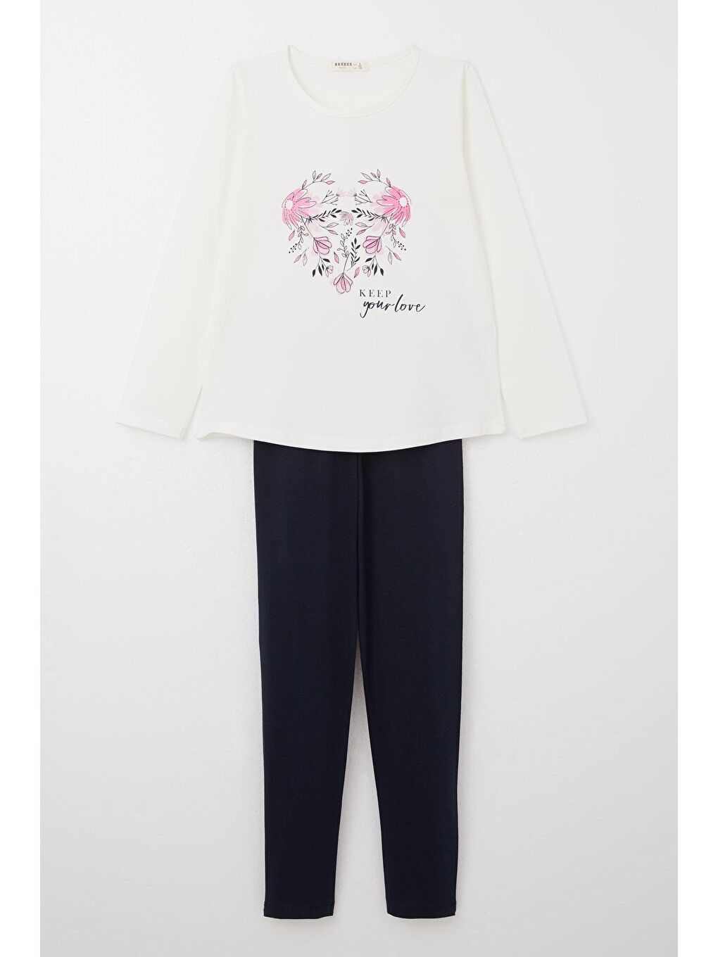 Kız Çocuk Taytlı Takım Simli Çiçek Baskılı Ekru (4-8 Yaş)