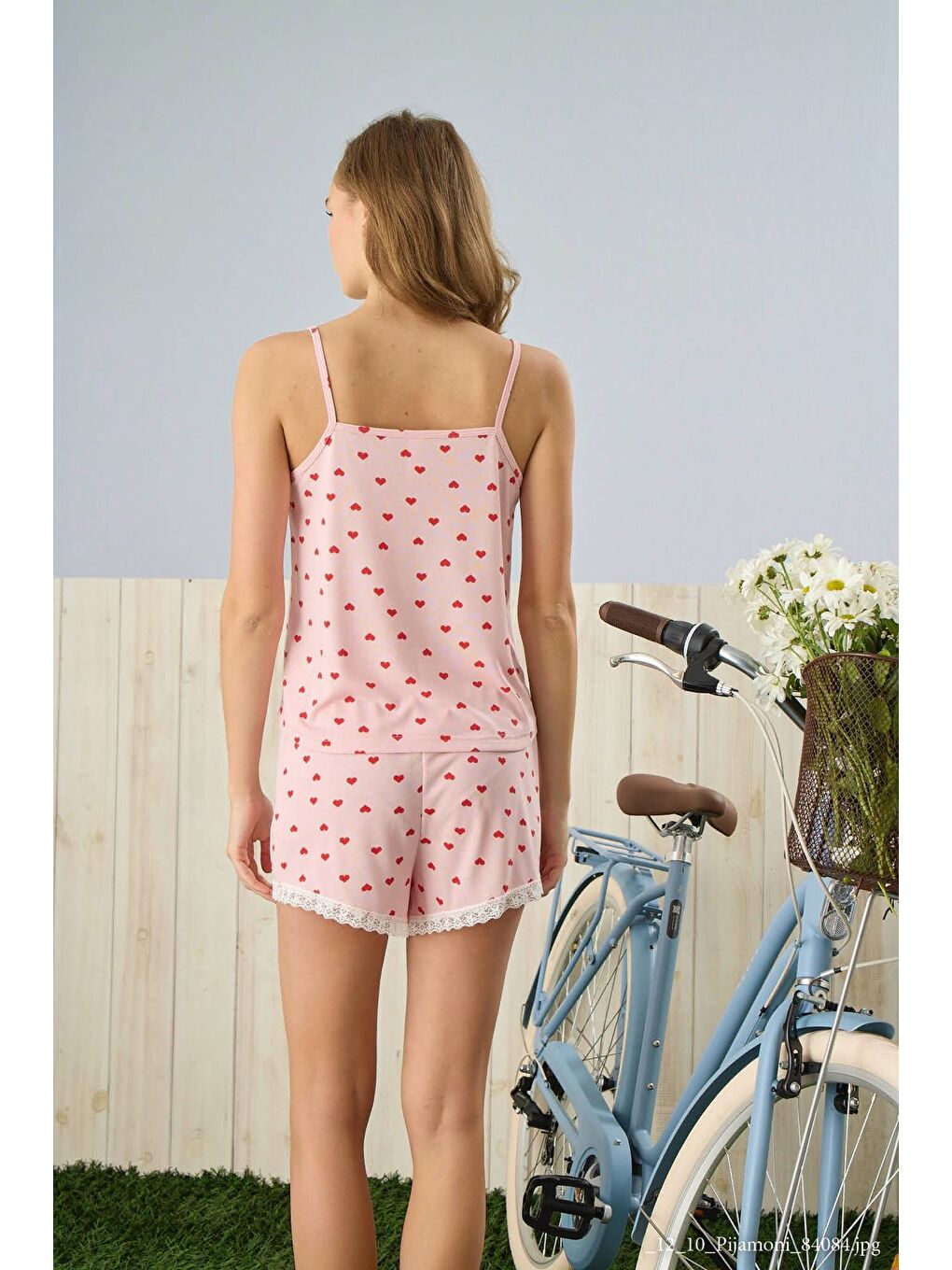 Pembe Kadın Pudra Kalpli İp Askılı Şortlu Pijama Takımı-1