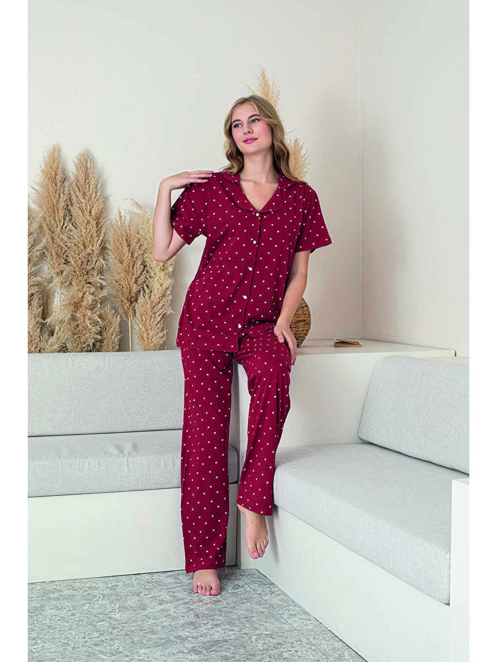 Kadın Kırmızı %100 Doğal Pamuk Kalpli Gömlek Yaka Kısa Kollu Kaliteli Pijama Takımı-1