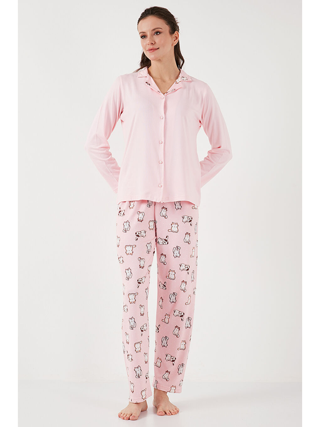 Lela Pembe Desenli Regular Fit Apaş Yaka Beli Lastikli Bol Paça Kadın Pijama Takımı 65714300 - 2