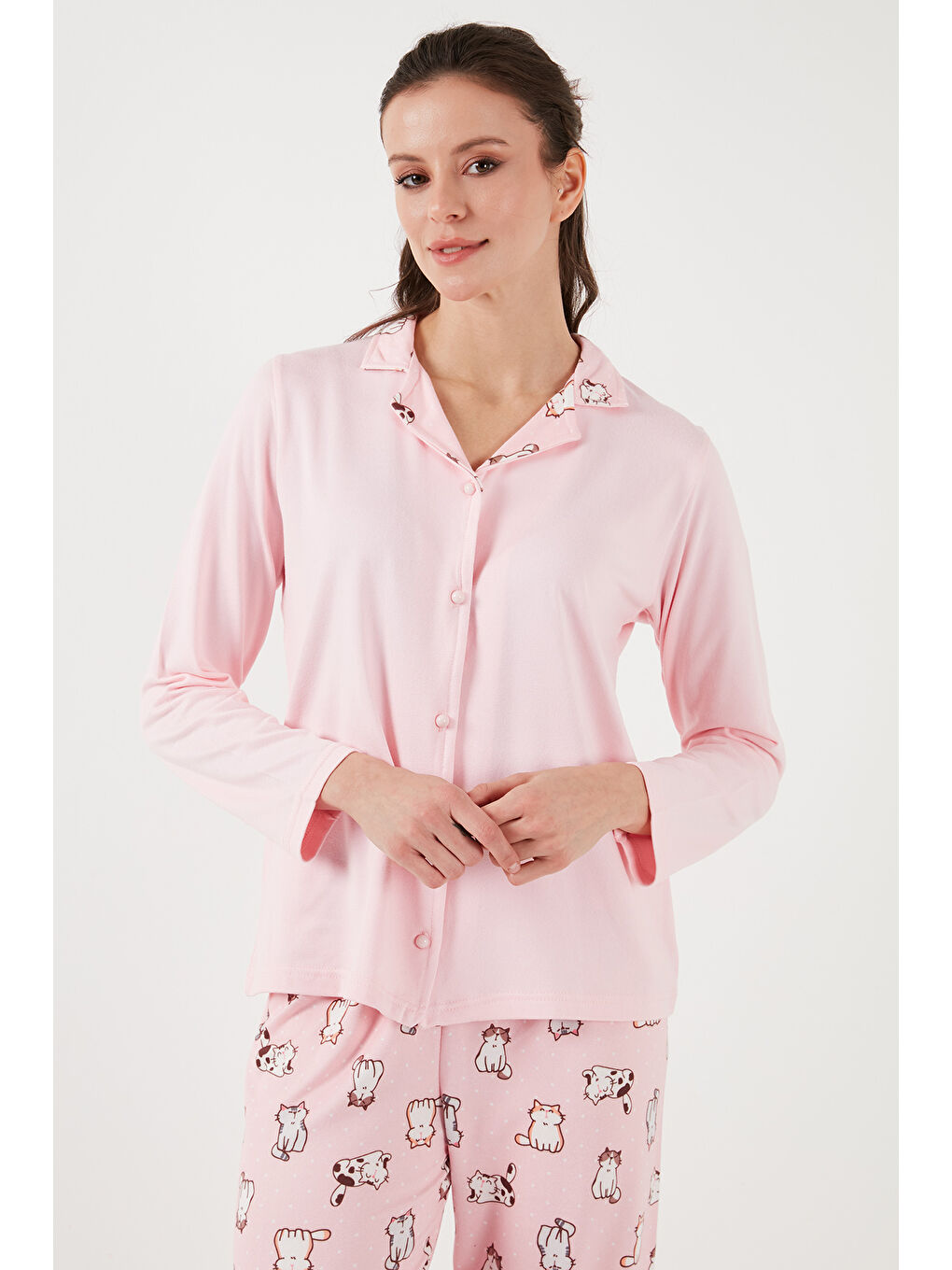 Lela Pembe Desenli Regular Fit Apaş Yaka Beli Lastikli Bol Paça Kadın Pijama Takımı 65714300 - 4