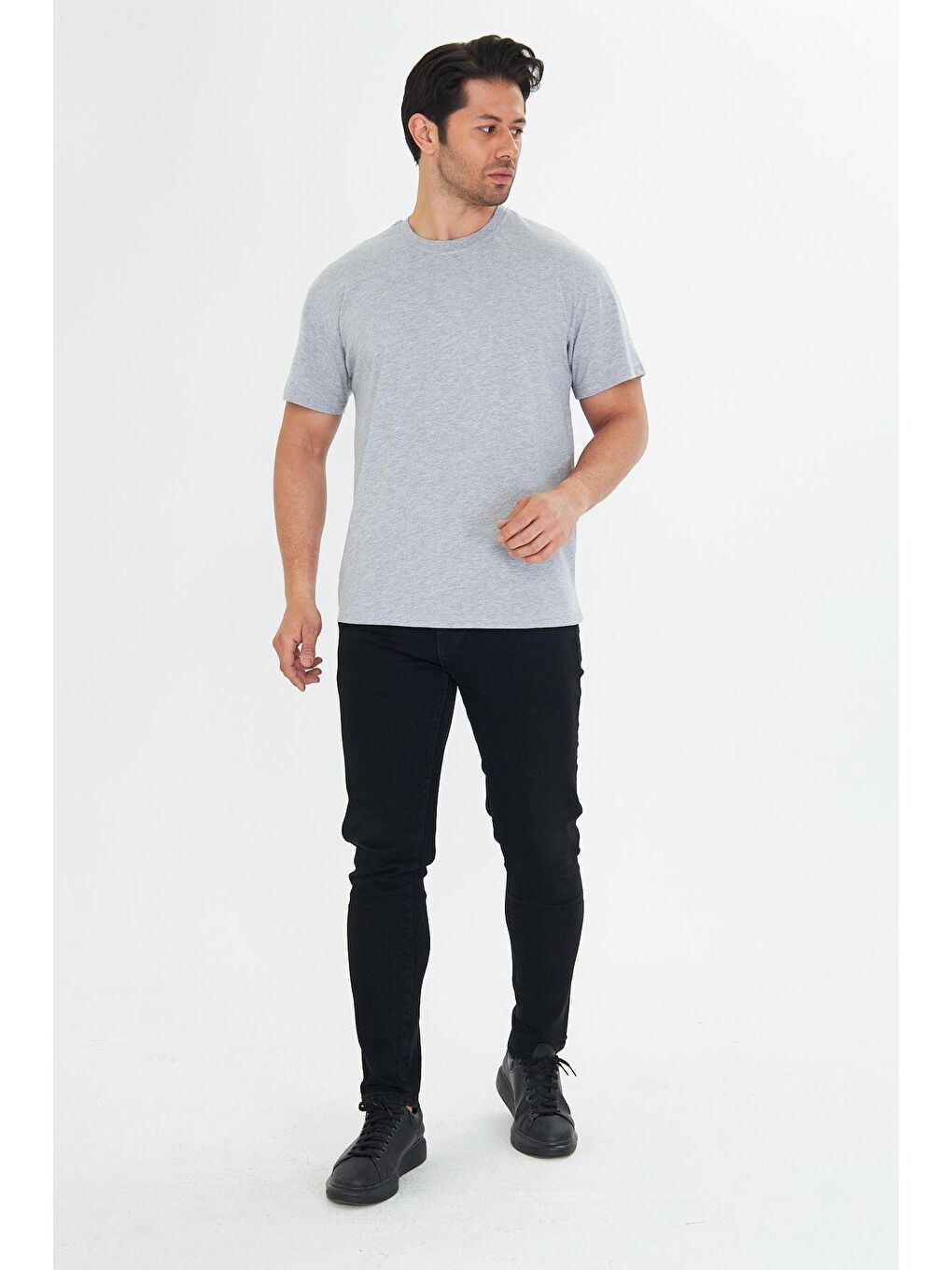 Erkek Pamuklu Bisiklet Yaka Oversize Tişört Gri 5015-G-1