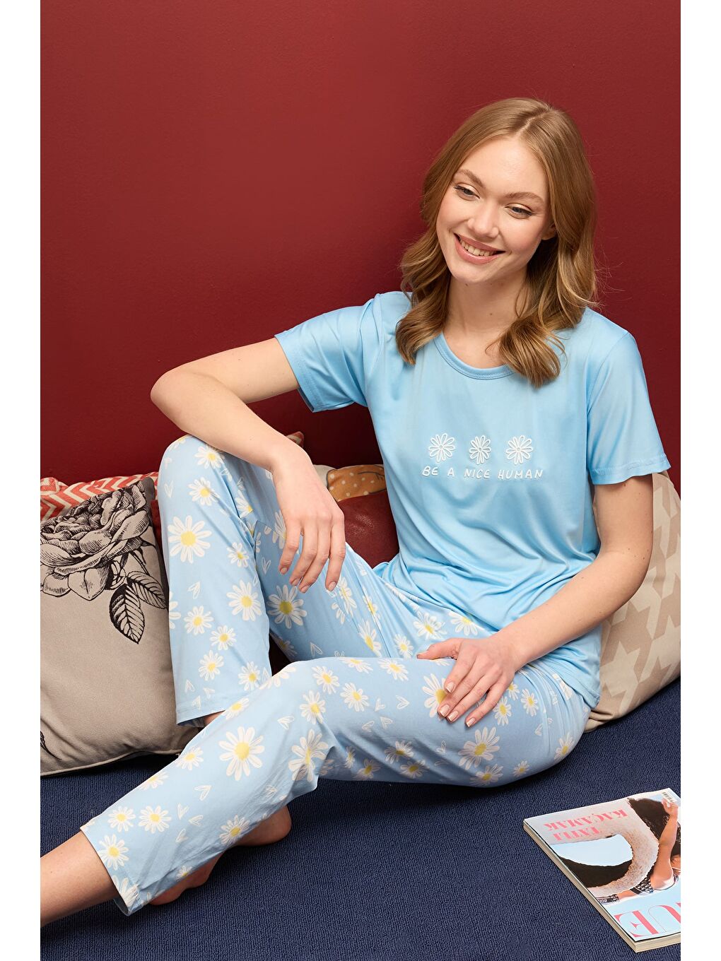 Mavi Çizgili Kalpli Bisiklet Yaka Pijama Takımı-2