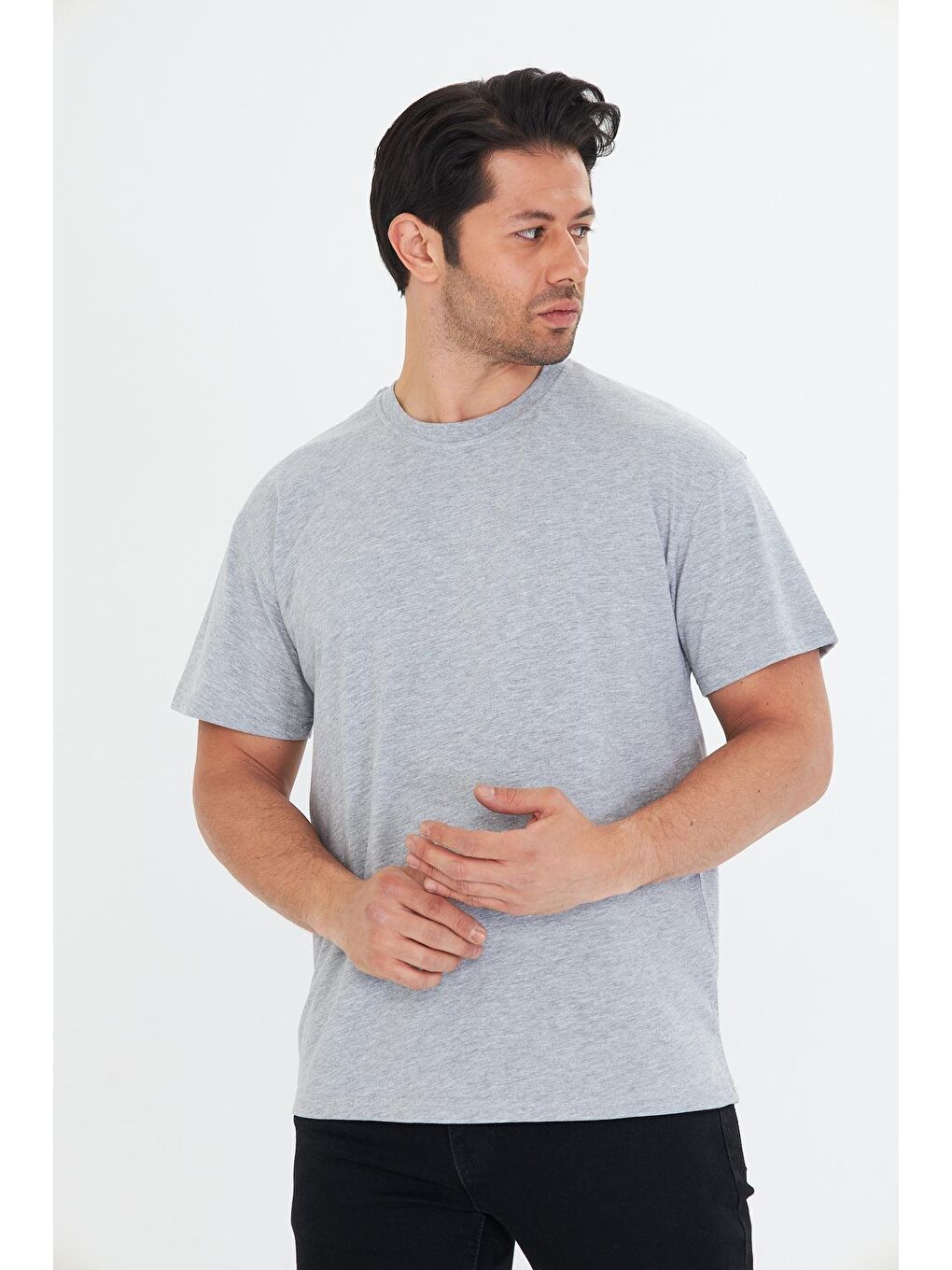 Erkek Pamuklu Bisiklet Yaka Oversize Tişört Gri 5015-G-2