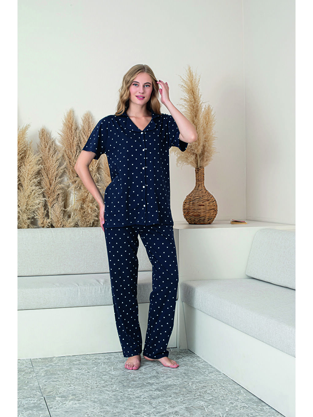 Kadın Lacivert %100 Doğal Pamuk Kalpli Gömlek Yaka Kısa Kollu Kaliteli Pijama Takımı-1