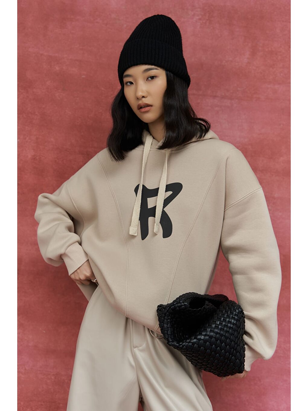 Mai Collection Bej Sawyer Kemik Oversize Hoodie Sweatshirt