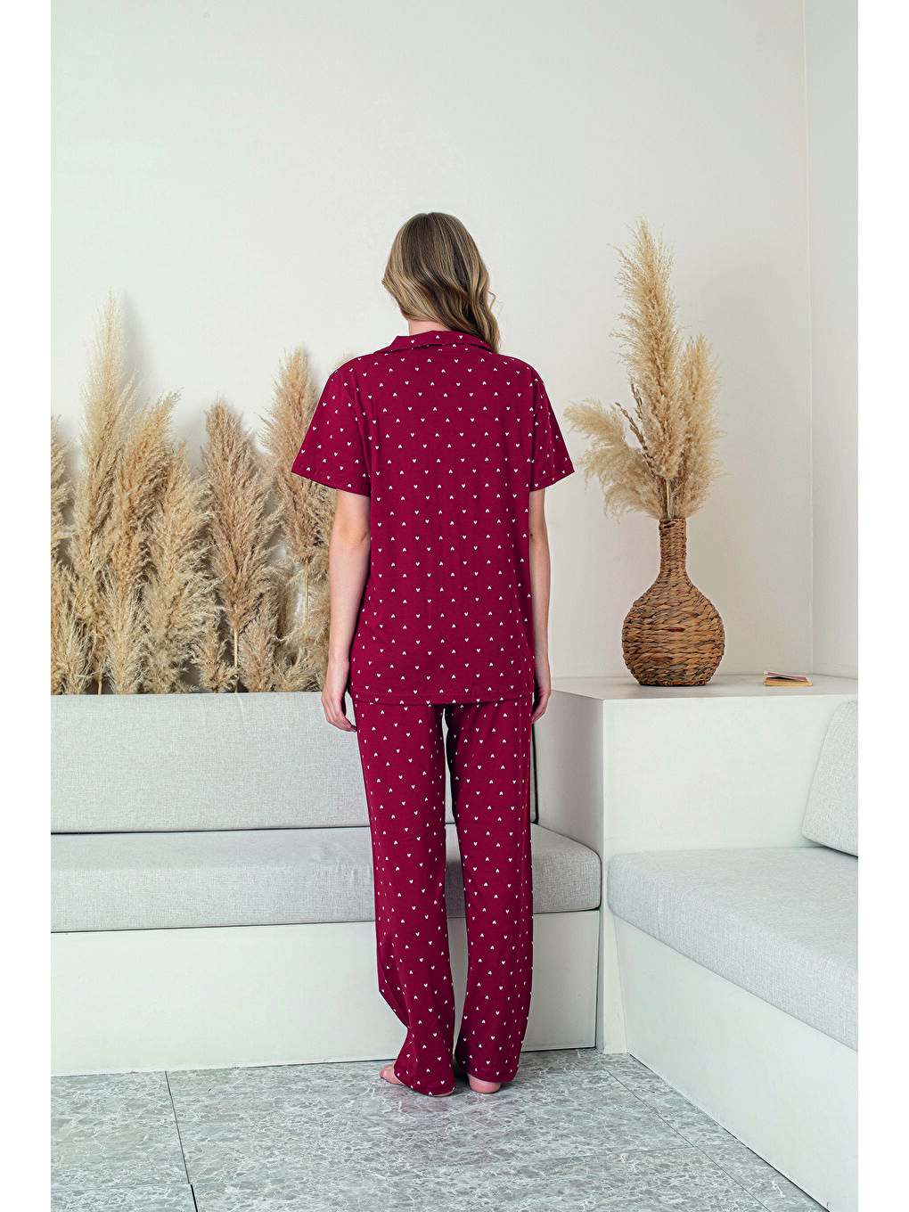 Kadın Kırmızı %100 Doğal Pamuk Kalpli Gömlek Yaka Kısa Kollu Kaliteli Pijama Takımı-2