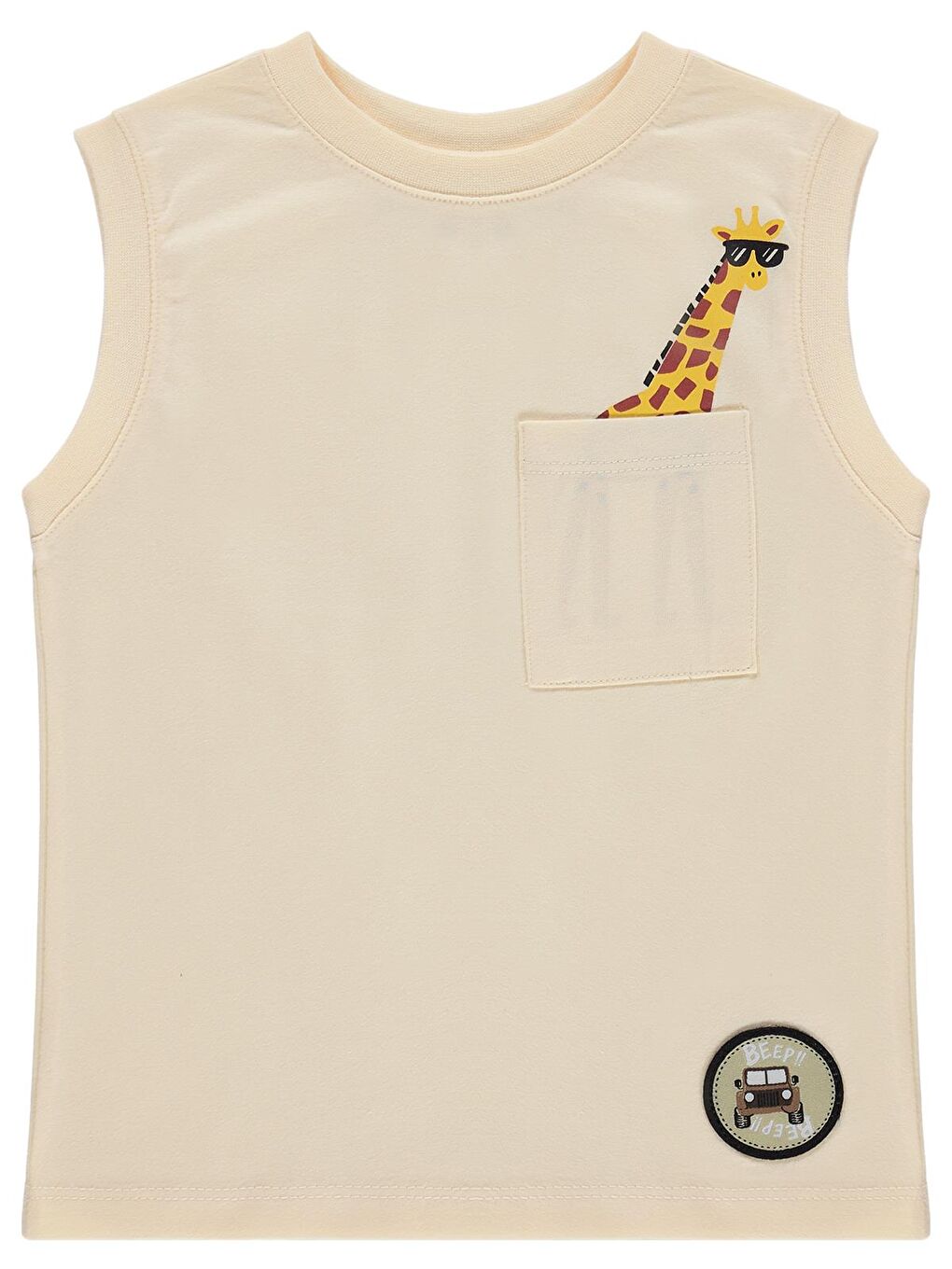 Boys Önü Cepli Zürafalı 2-5 Yaş Tişört - Ekru