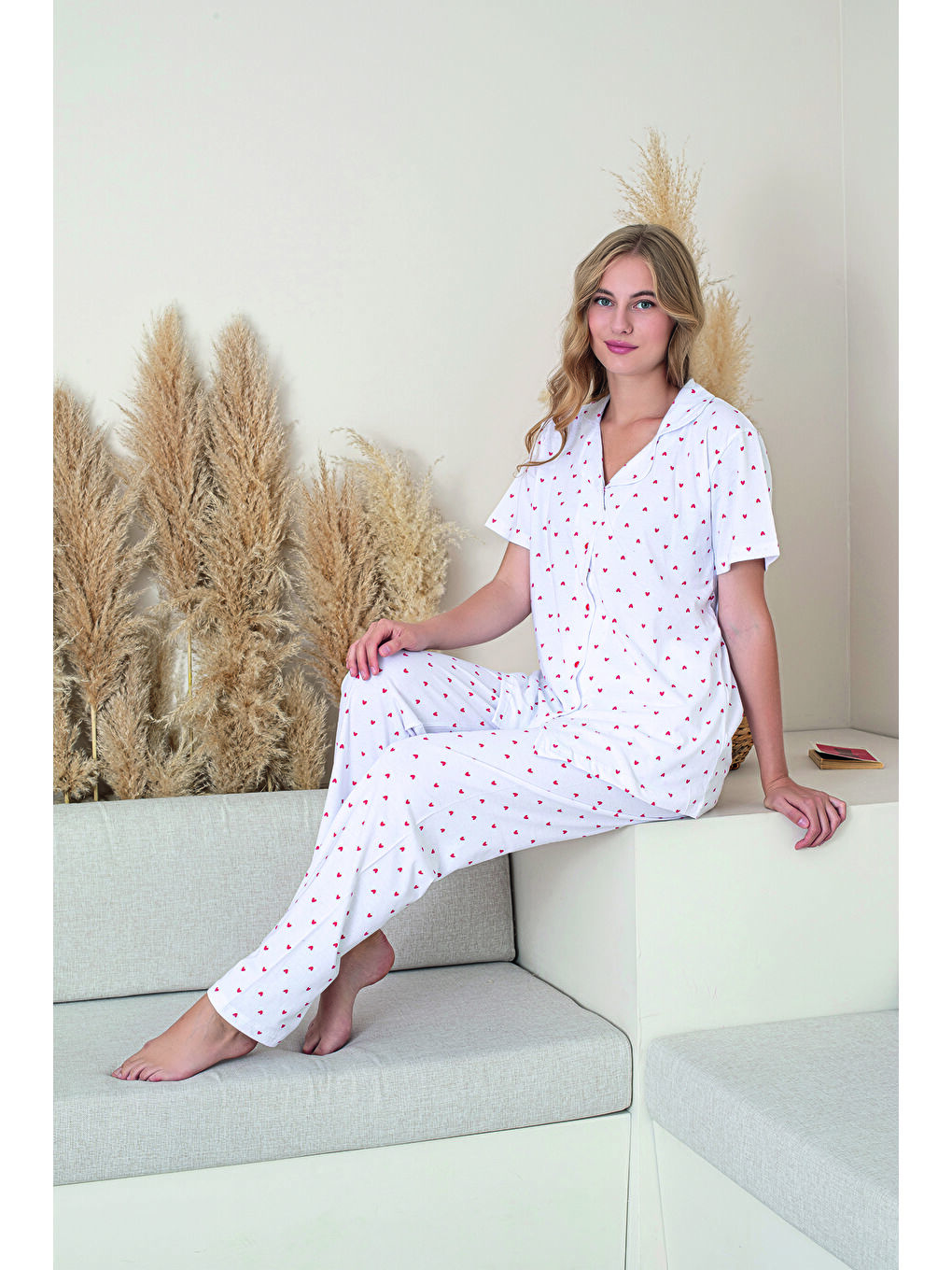 Kadın Beyaz %100 Doğal Pamuk Kalpli Gömlek Yaka Kısa Kollu Kaliteli Pijama Takımı