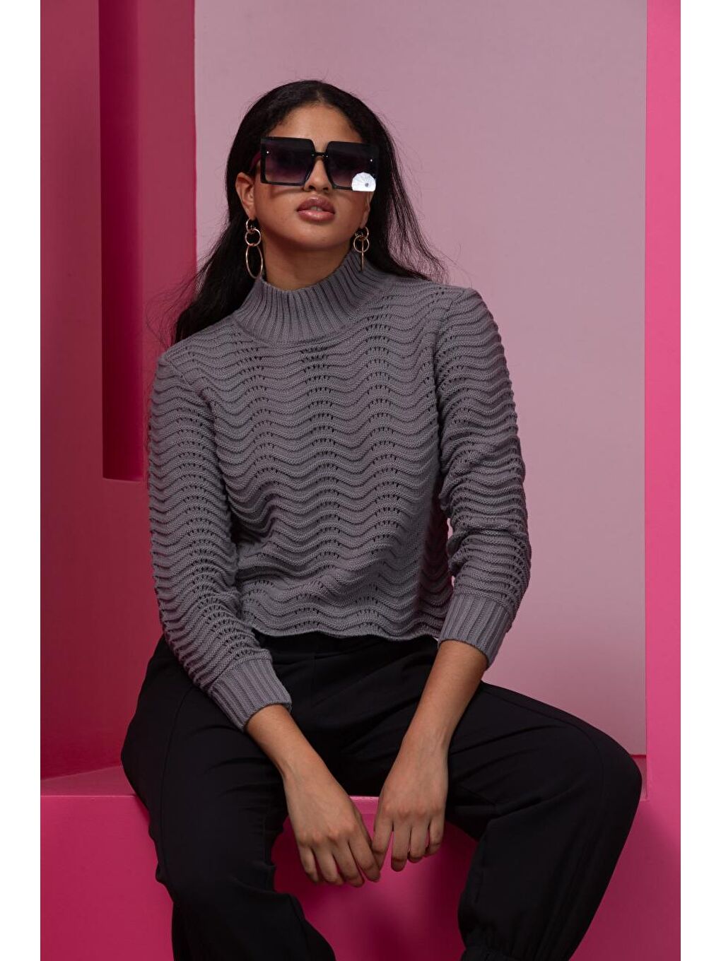 Gri Kadın Dalga Desen Triko Bluz 11010