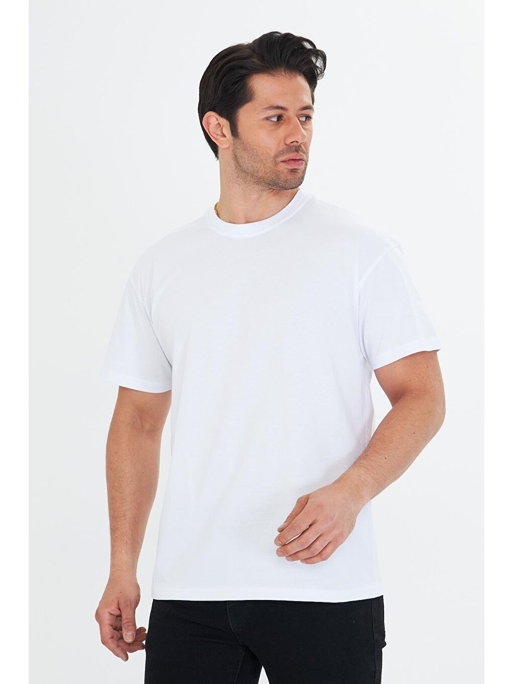 Erkek Pamuklu Bisiklet Yaka Oversize Tişört Beyaz 5015-B