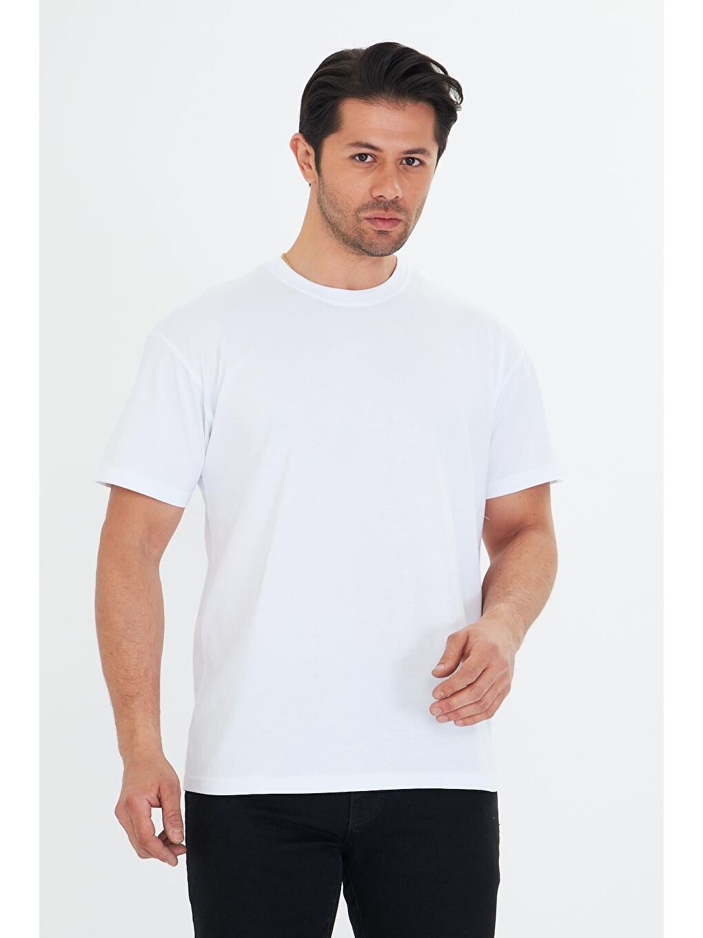 Erkek Pamuklu Bisiklet Yaka Oversize Tişört Beyaz 5015-B-2