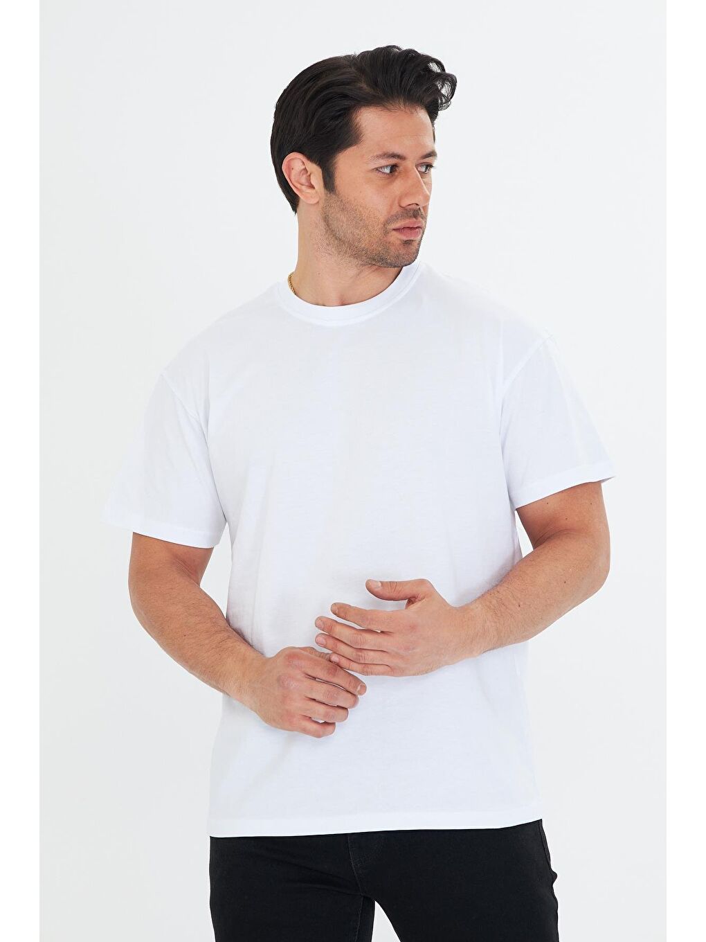 Erkek Pamuklu Bisiklet Yaka Oversize Tişört Beyaz 5015-B-3