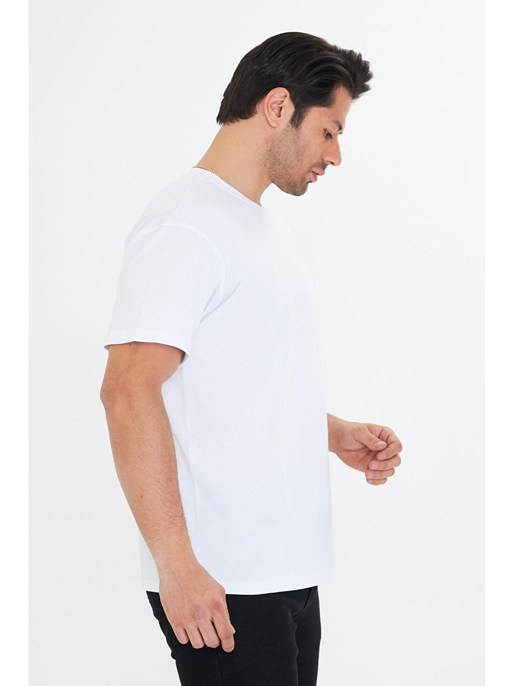 Erkek Pamuklu Bisiklet Yaka Oversize Tişört Beyaz 5015-B-4