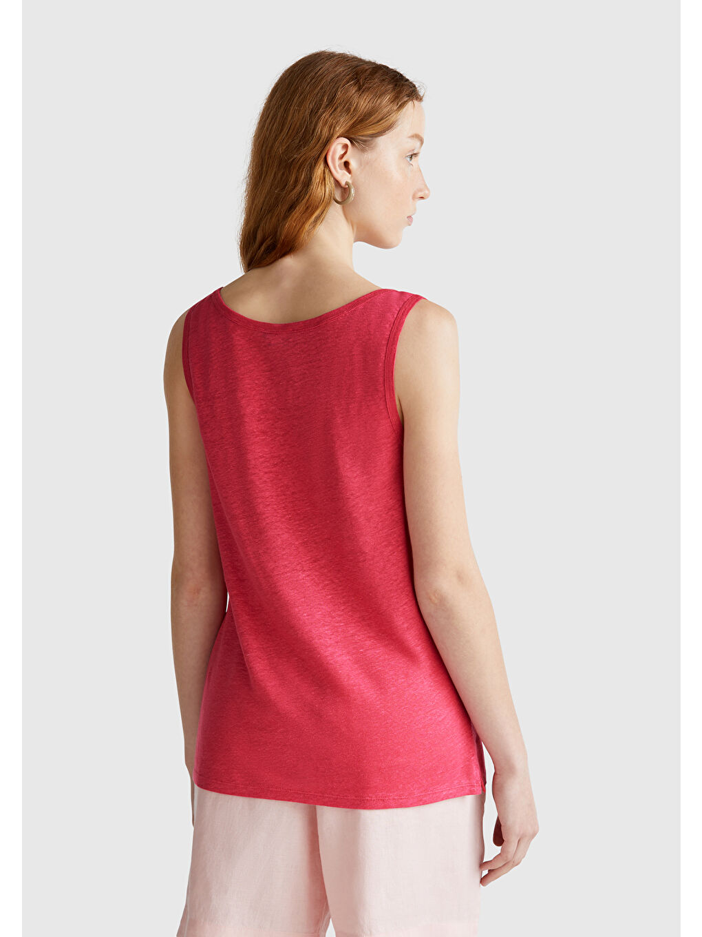 Kadın Fuşya %100 Keten Yanları Yırtmaçlı Regular Fit Yuvarlak Yaka Atlet-2