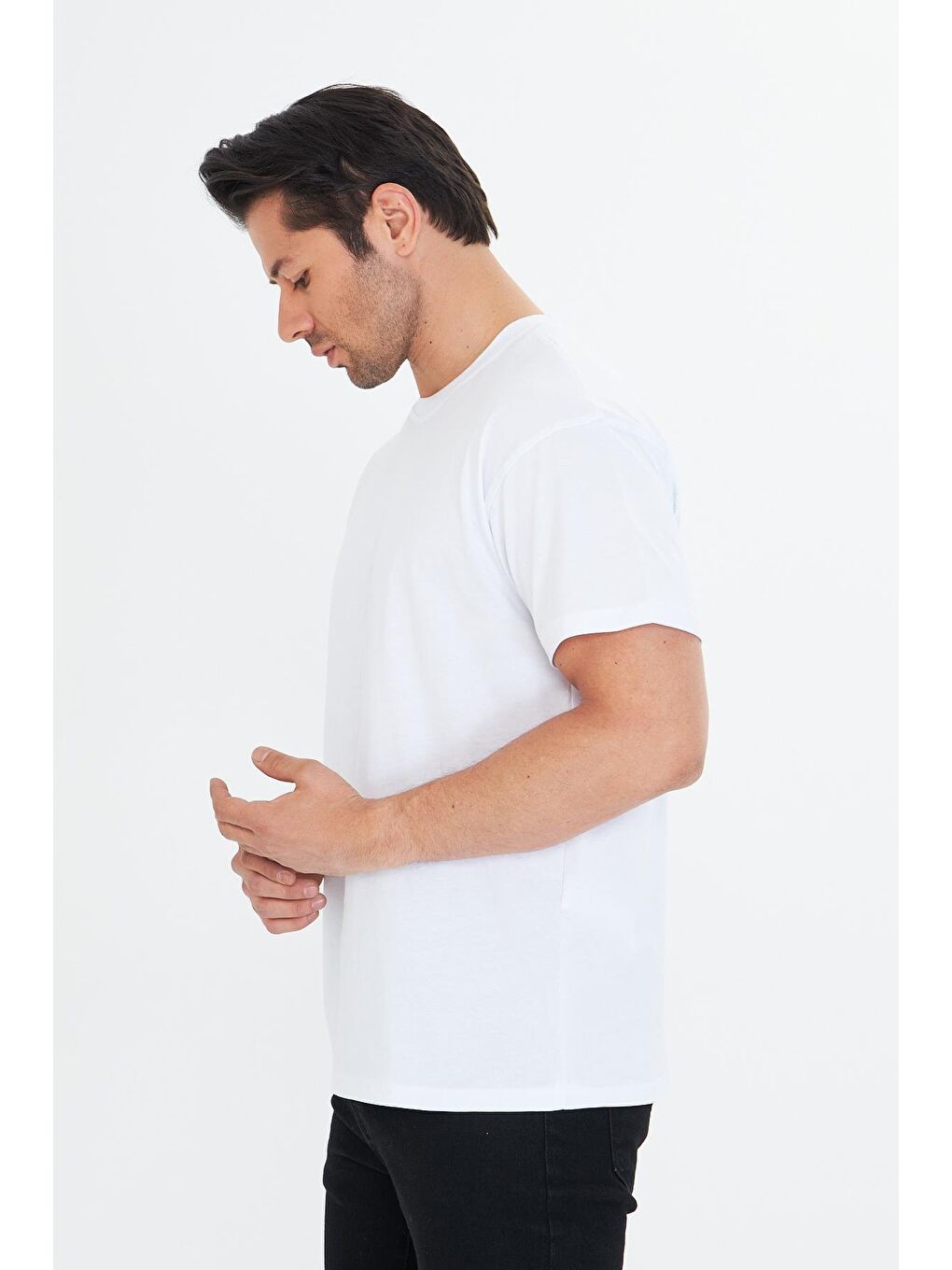 Erkek Pamuklu Bisiklet Yaka Oversize Tişört Beyaz 5015-B-5