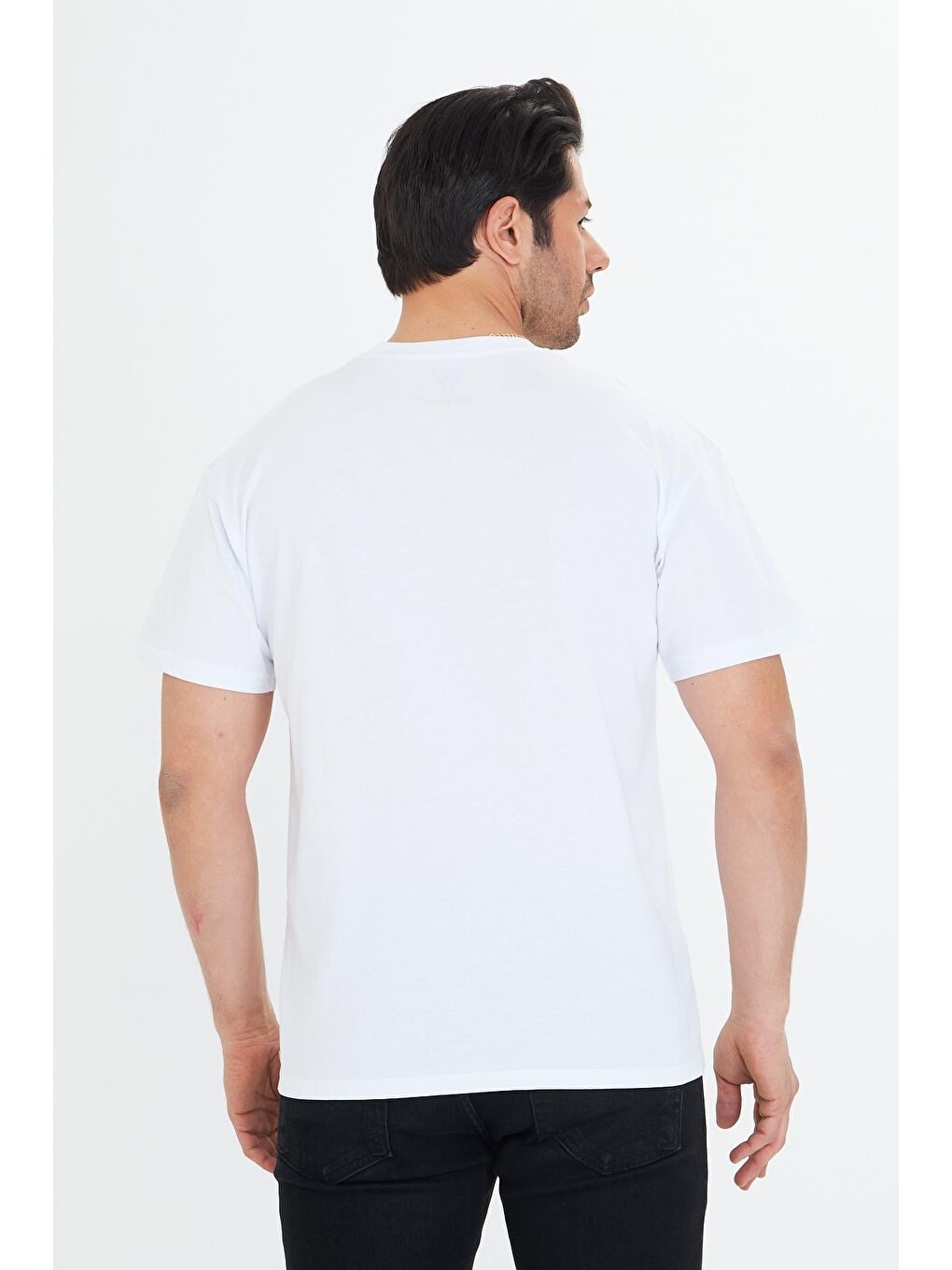 Erkek Pamuklu Bisiklet Yaka Oversize Tişört Beyaz 5015-B-6