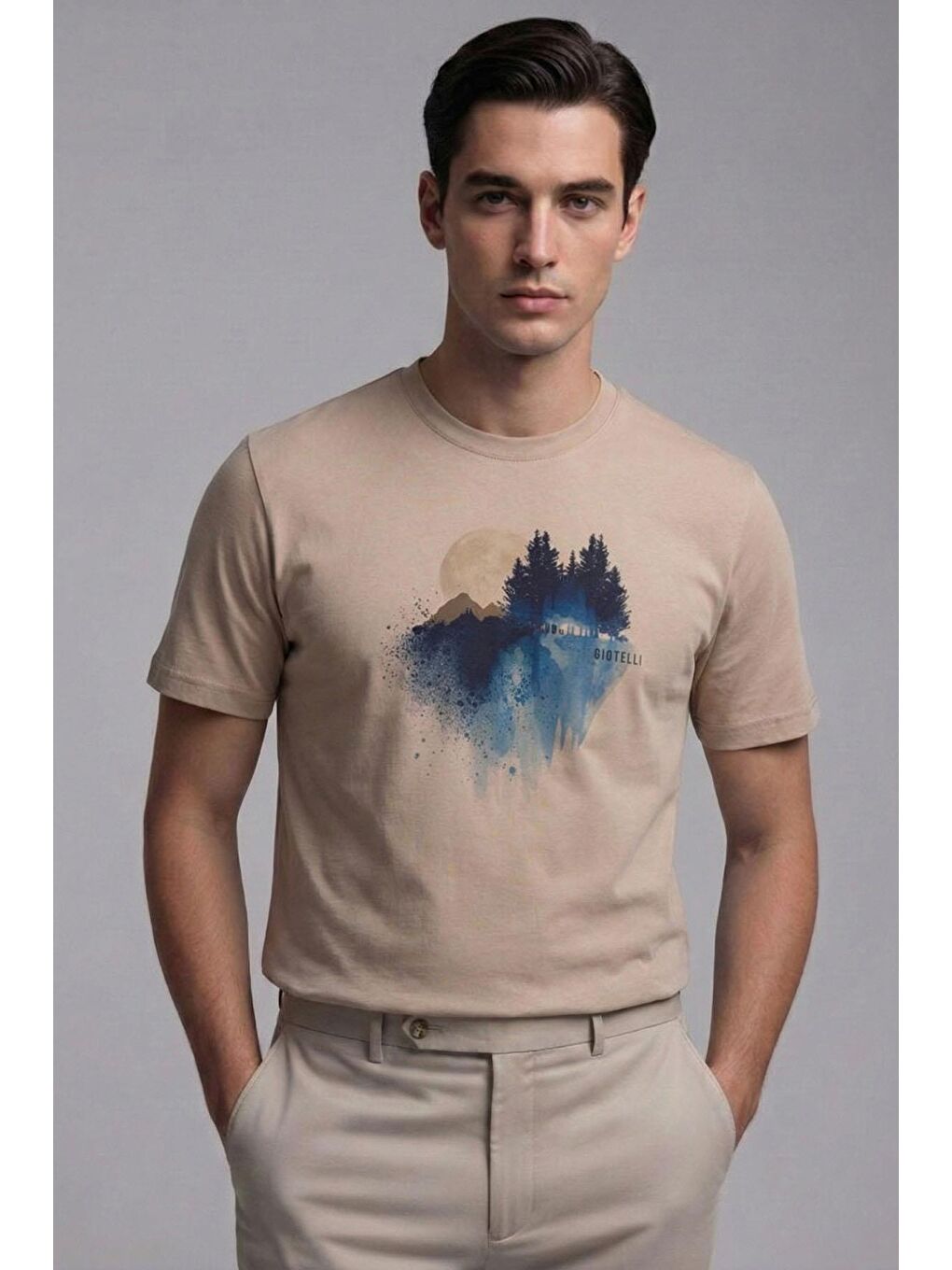 Giotelli Bej Slim Fit %100 Pamuk Baskılı Bisiklet Yaka Erkek Tişört