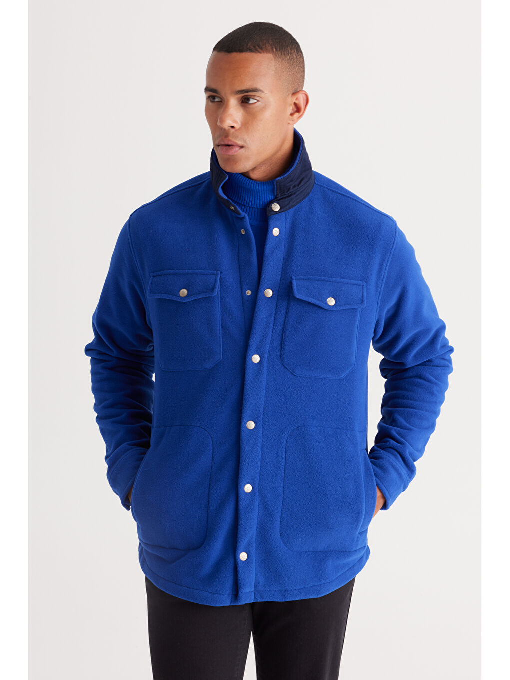 Mavi Erkek Saks-Lacivert Standart Fit Normal Kesim Gömlek Yaka Cepli Polar Ceket-3