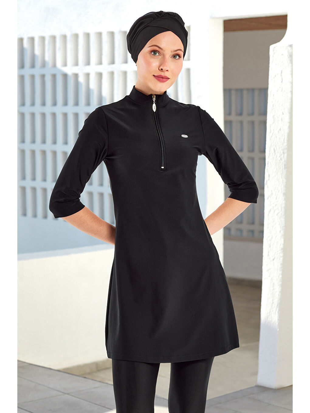 UV Korumalı Büyük Beden Yarı Kapalı Tesettür Mayo 1601 Siyah07