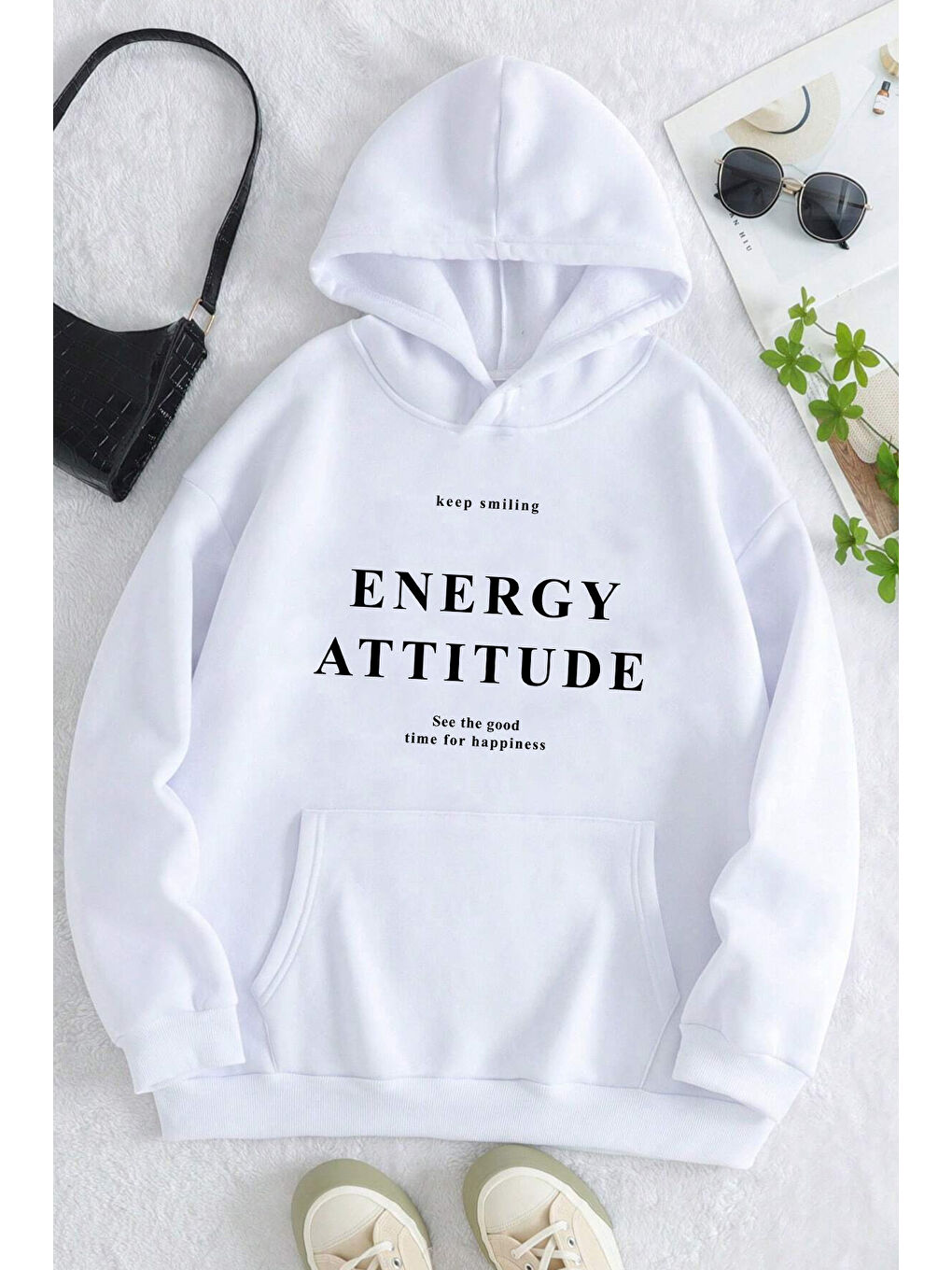 uyguntarz Beyaz Energy Baskılı Oversize Sweatshirt