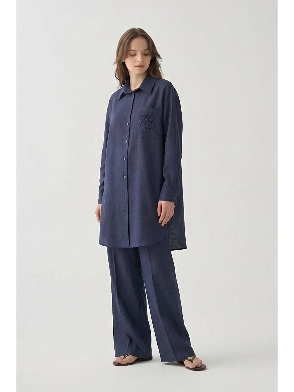 İndigo-Lazer Kesim Detaylı Keten Gömlek-1