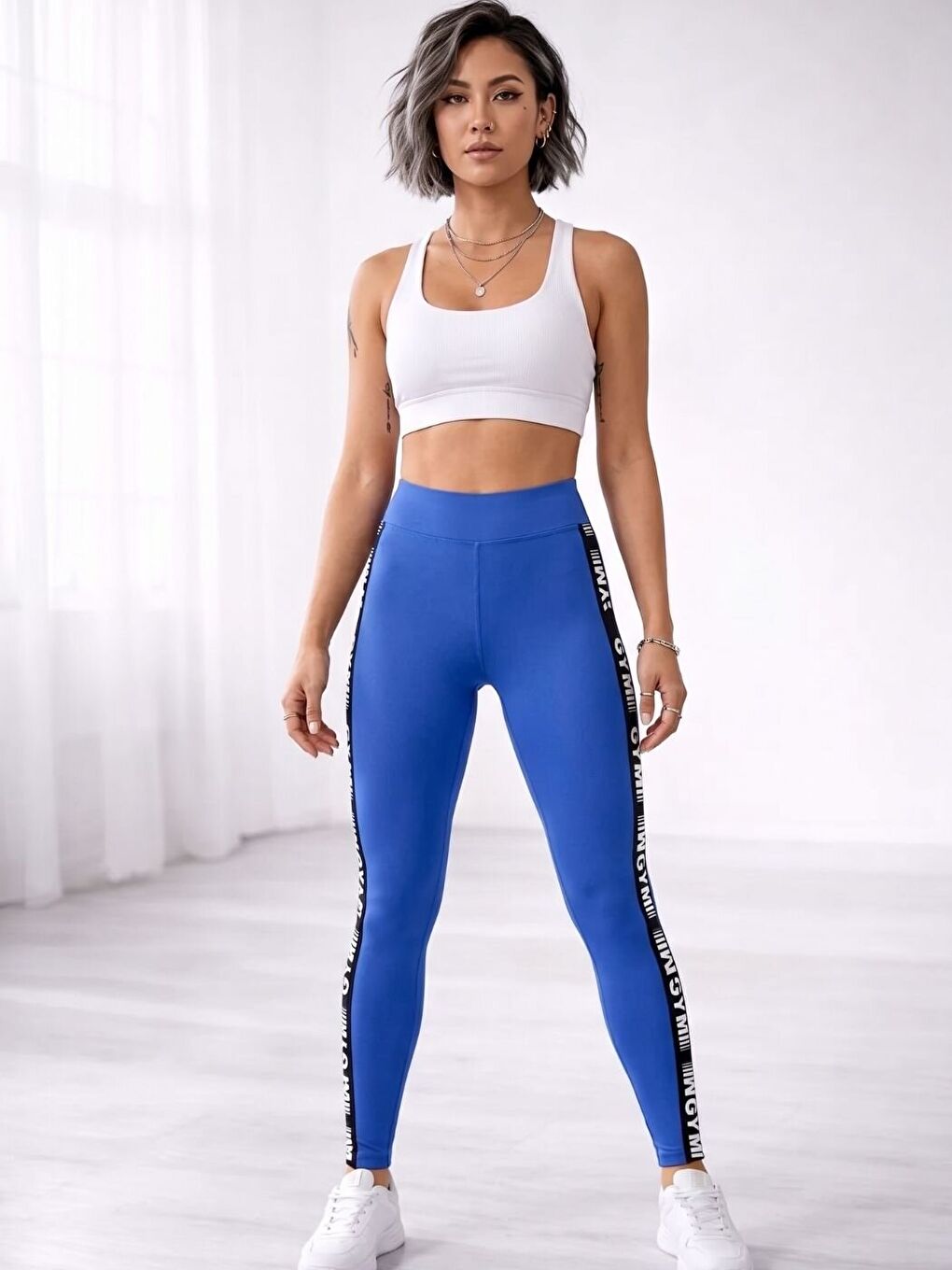 Kadın Mavi Nefes Alabilen Ultra Rahat Kumaş GYM Kabartma Baskılı Sporcu Tayt-1