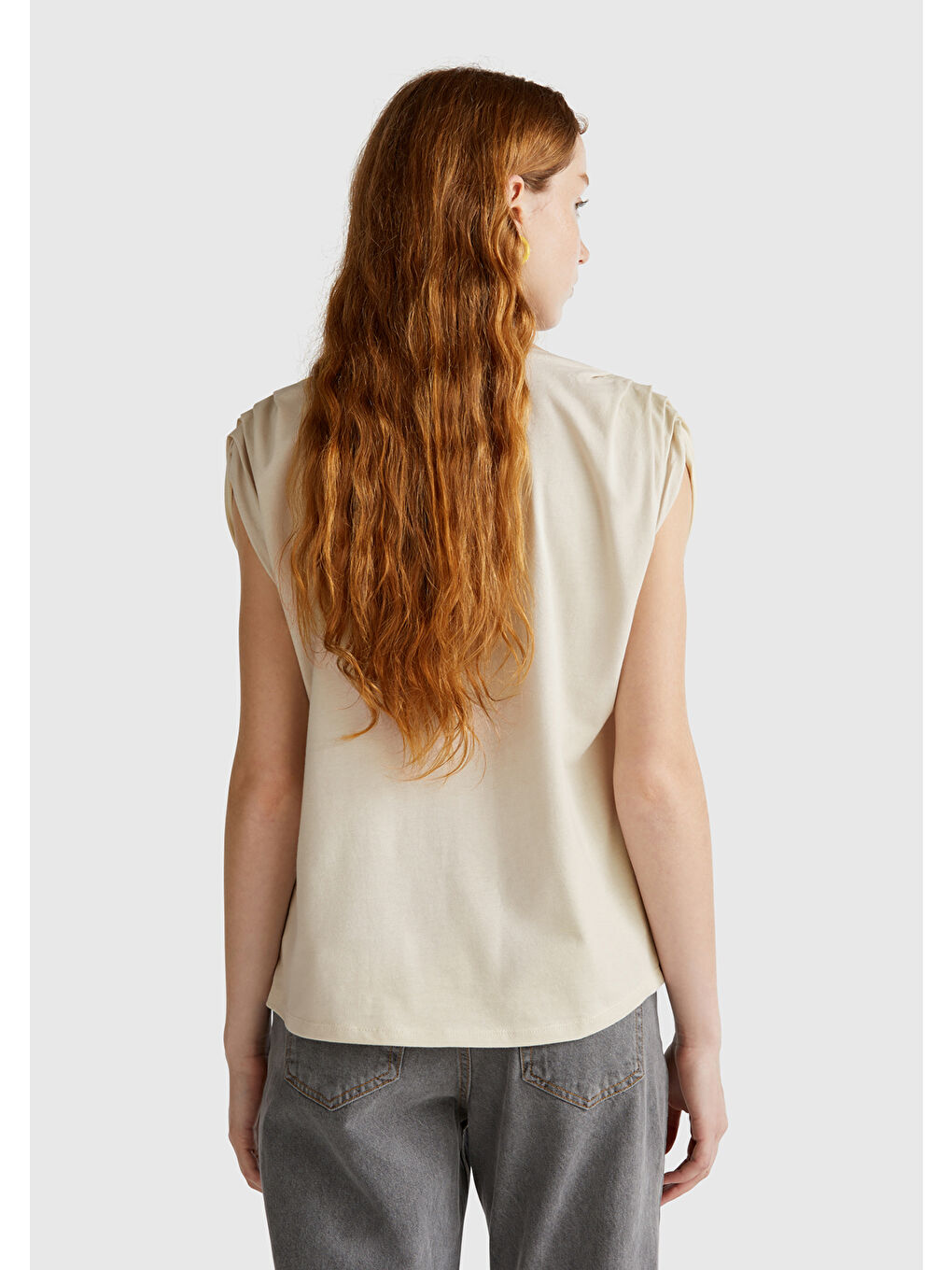 Bej Kadın Taş Rengi %100 Pamuk Omzu Büzgülü Atlet-2