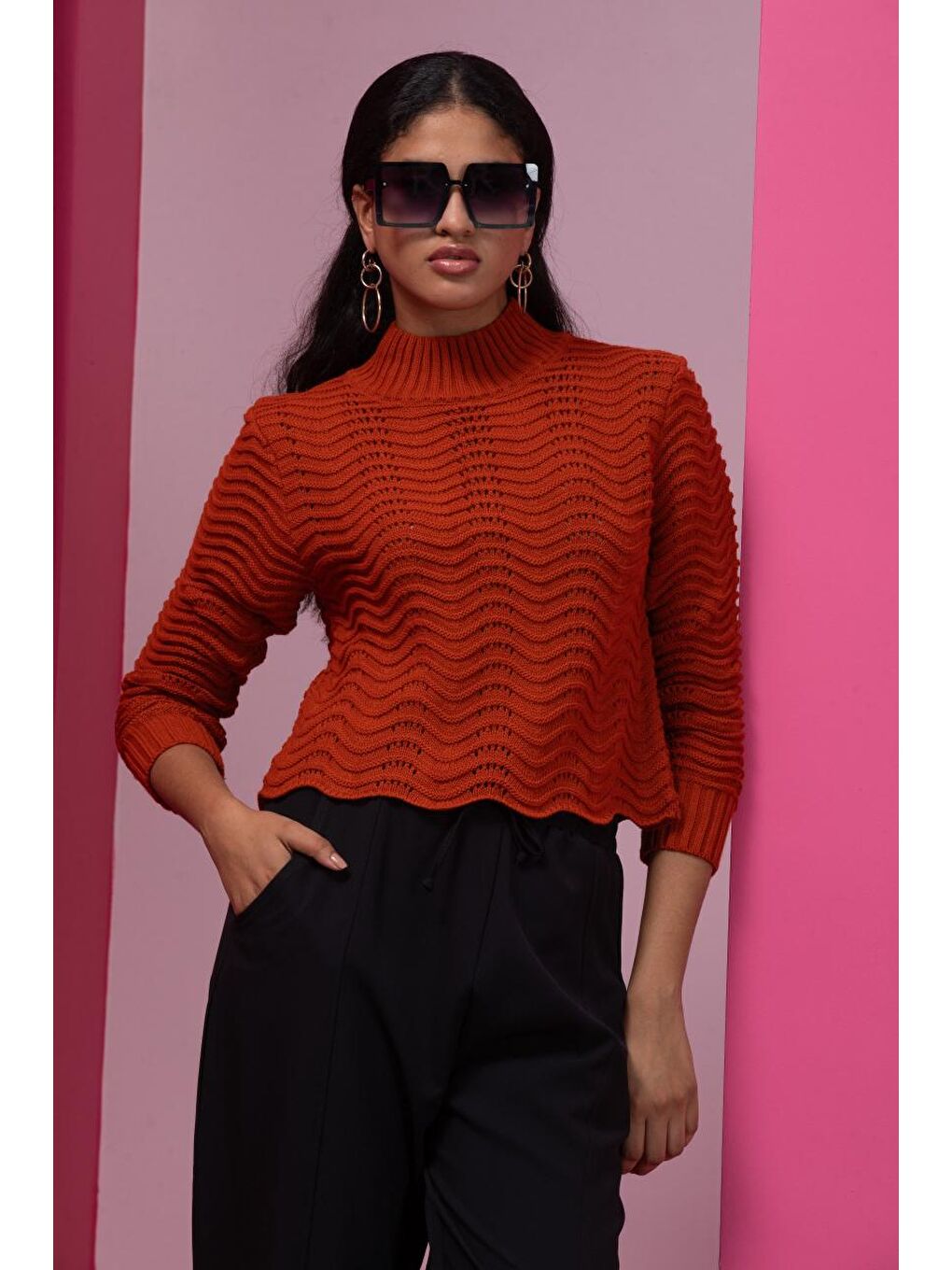 Kahverengi Kadın Dalga Desen Triko Bluz 11010