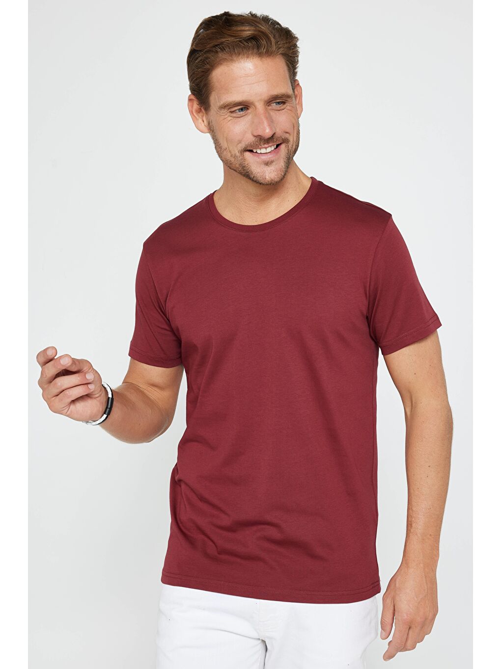 Unisex 5'Li Paket Siyah-Beyaz-Haki-Bordo-Vizon Slim Fit Dar Kesim %100 Pamuk Bisiklet Yaka Tişört-3