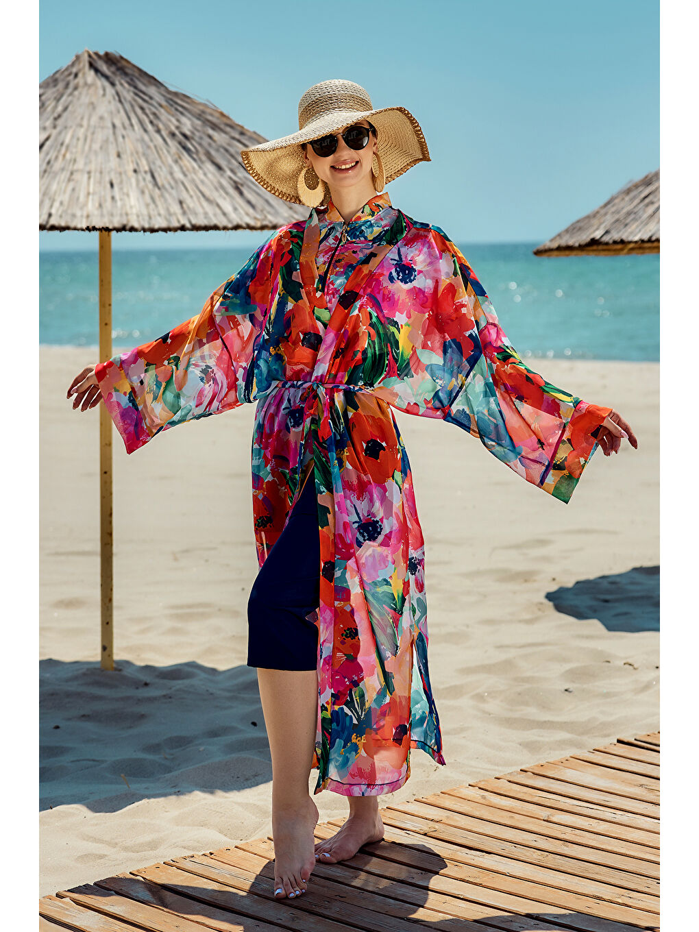 Remsa Tesettür Mayo Üzerine Tek Kaftan Kimono Pareo Lacivert02 RP030 Flowers