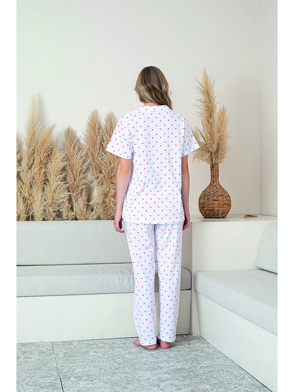 Kadın Beyaz %100 Doğal Pamuk Kalpli Gömlek Yaka Kısa Kollu Kaliteli Pijama Takımı-2