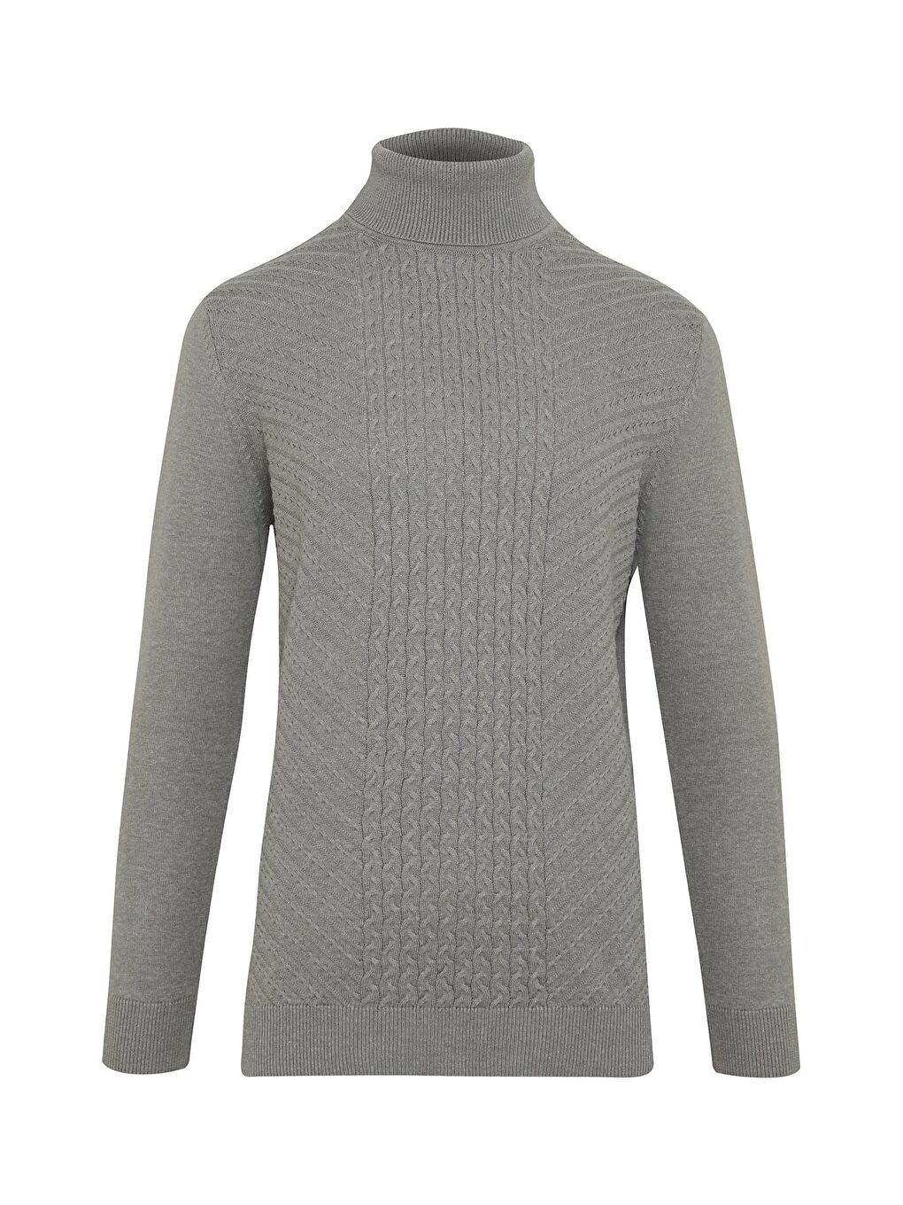 Gri Regular Fit Desenli Pamuklu Balıkçı Yaka Triko Kazak