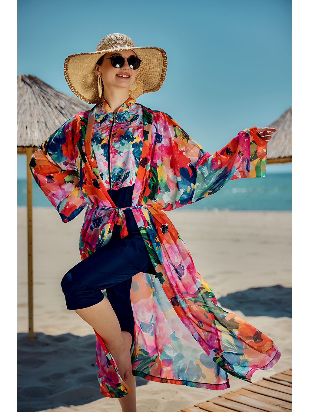 Remsa Tesettür Mayo Üzerine Tek Kaftan Kimono Pareo Lacivert02 RP030 Flowers-1