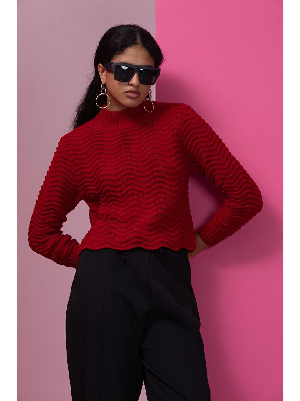 Kırmızı Kadın Dalga Desen Triko Bluz 11010