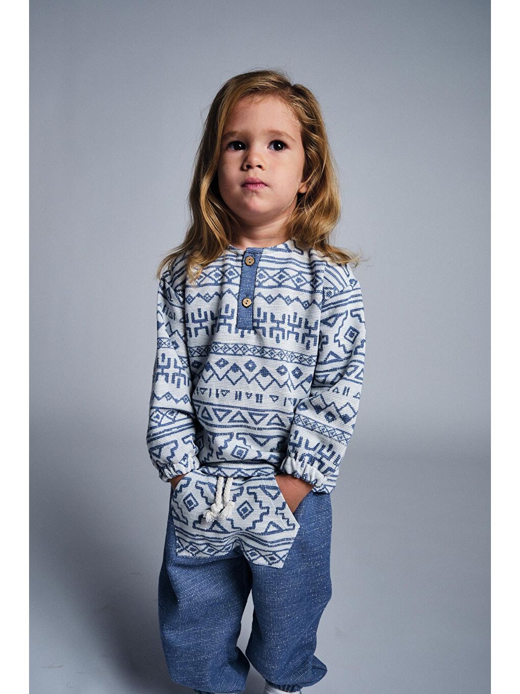 İndigo Etnik Desen Pantolon Kanguru Cep 2 Li Takım-1