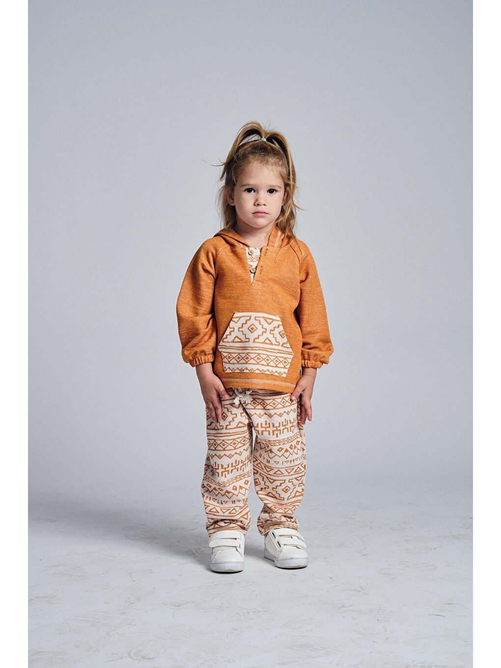 Turuncu Unisex Etnik Desen Kanguru Cepli 2'li Takım