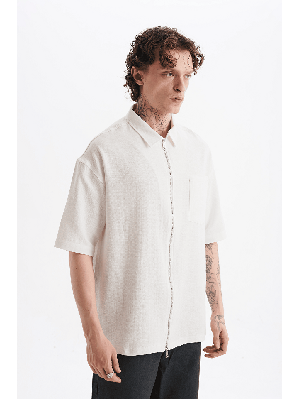 Erkek Lilyum Keten Fermuarlı Cepli Gömlek Ekru