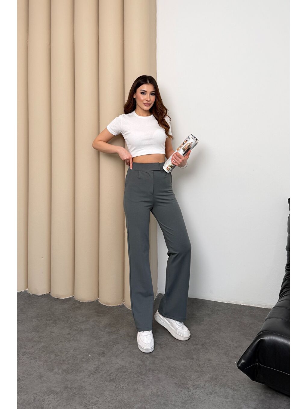 Gri Kadın Yüksek Bel Cırt Kapama Beli Lastikli Fermuarlı Cepli Elastanlı Füme Palazzo Pantolon