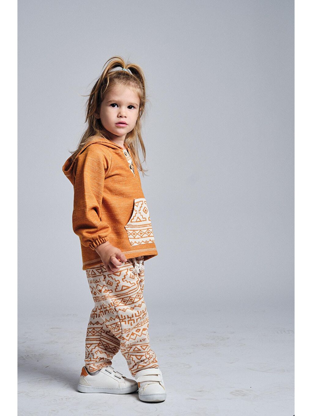 Turuncu Unisex Etnik Desen Kanguru Cepli 2'li Takım-1