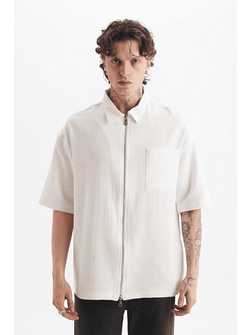 Erkek Lilyum Keten Fermuarlı Cepli Gömlek Ekru-1