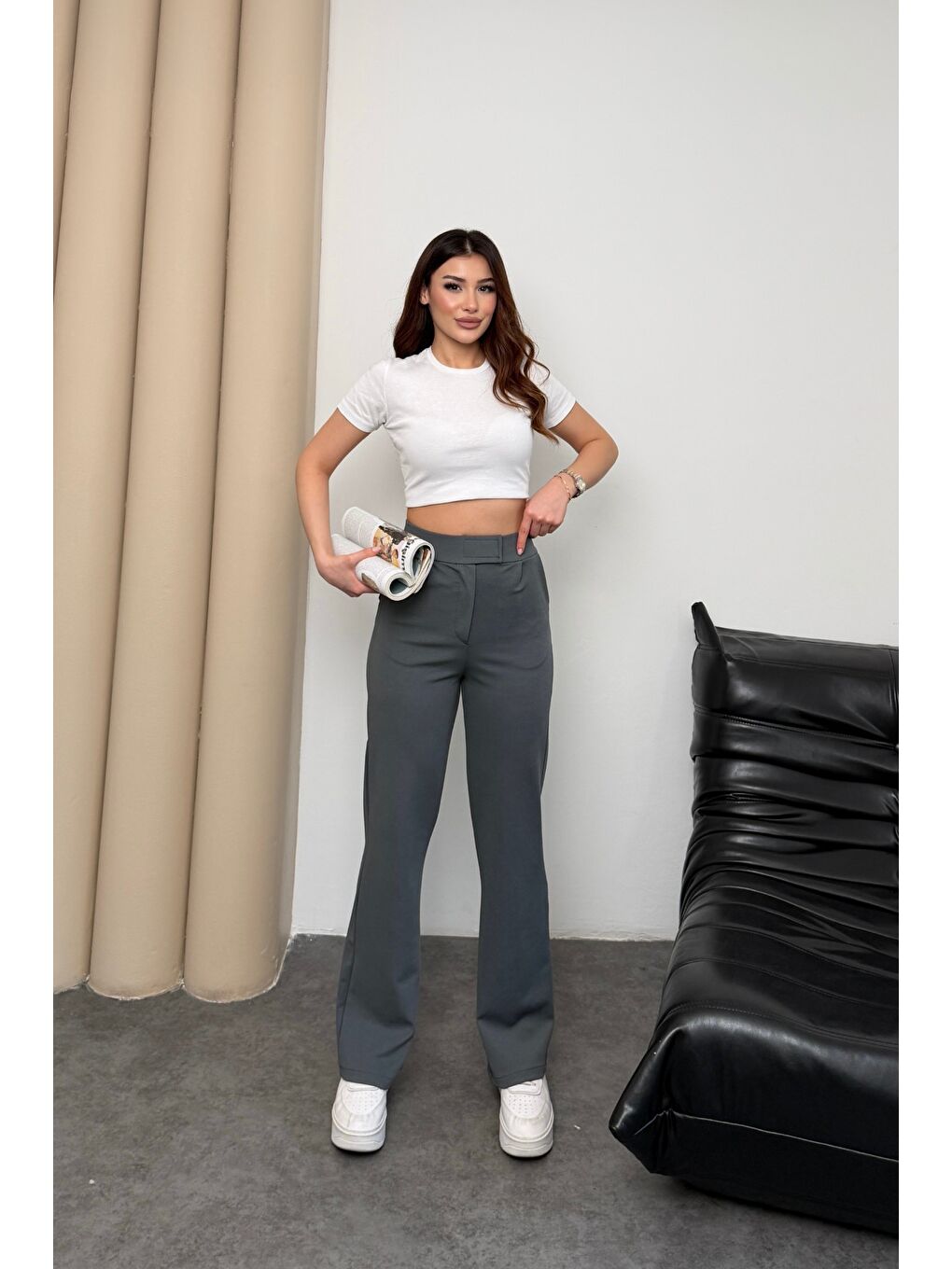 Gri Kadın Yüksek Bel Cırt Kapama Beli Lastikli Fermuarlı Cepli Elastanlı Füme Palazzo Pantolon-1