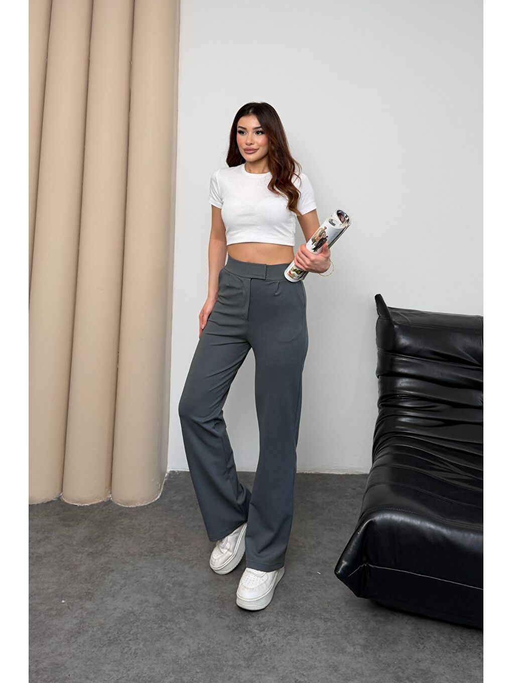 Gri Kadın Yüksek Bel Cırt Kapama Beli Lastikli Fermuarlı Cepli Elastanlı Füme Palazzo Pantolon-2