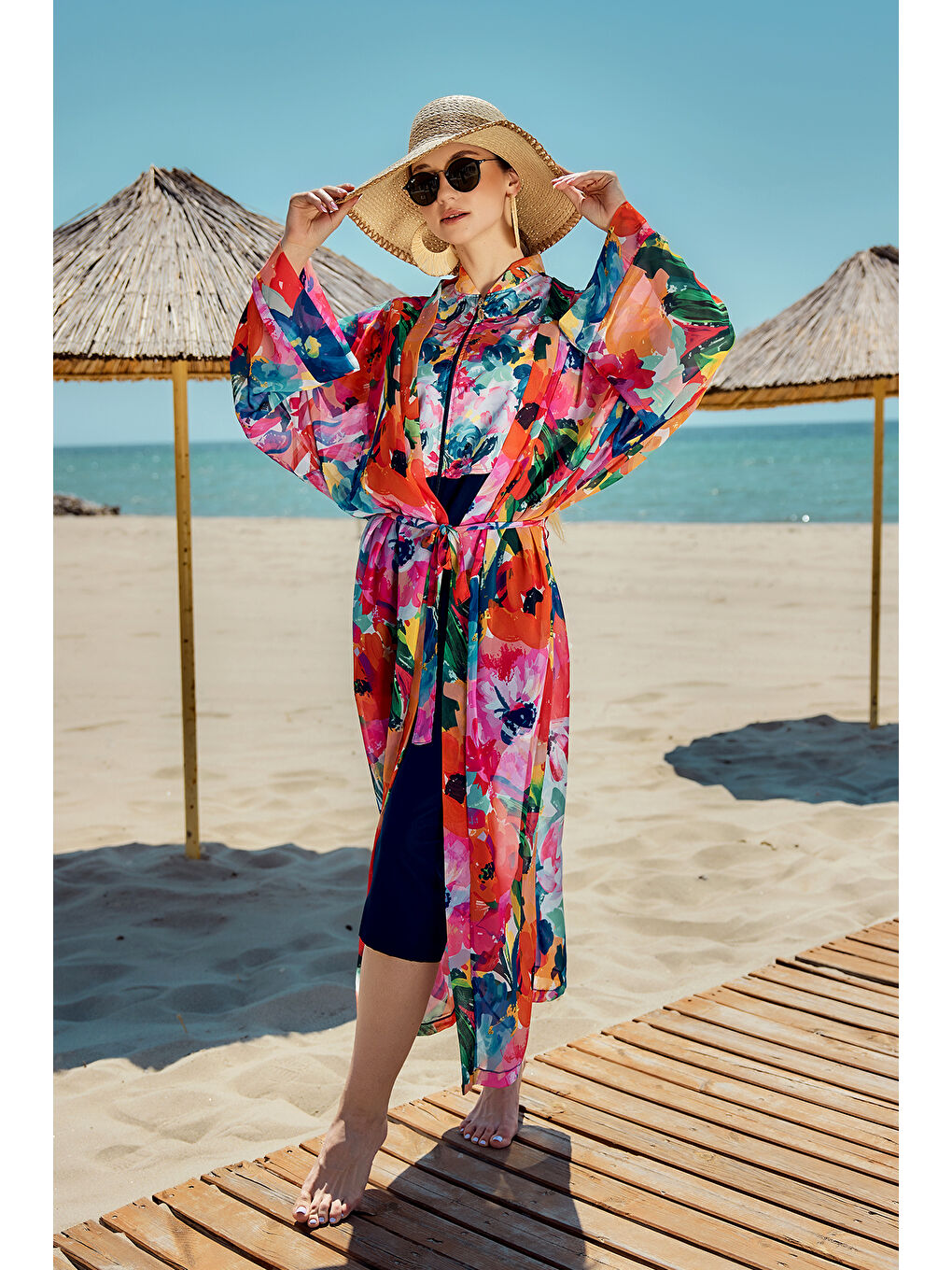 Remsa Tesettür Mayo Üzerine Tek Kaftan Kimono Pareo Lacivert02 RP030 Flowers-2
