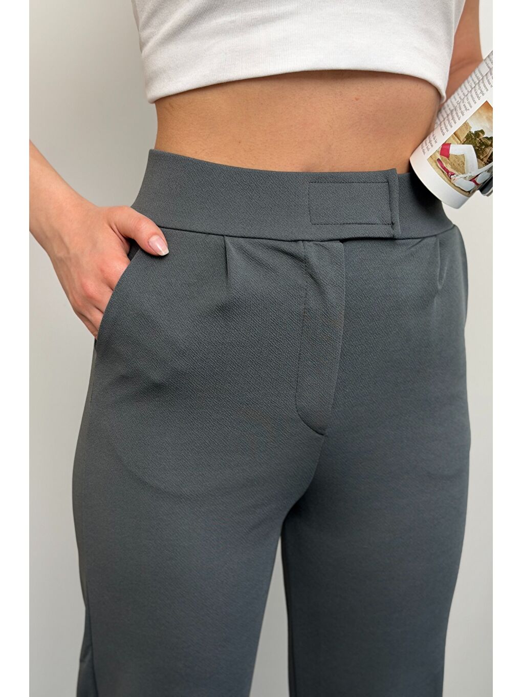 Gri Kadın Yüksek Bel Cırt Kapama Beli Lastikli Fermuarlı Cepli Elastanlı Füme Palazzo Pantolon-3