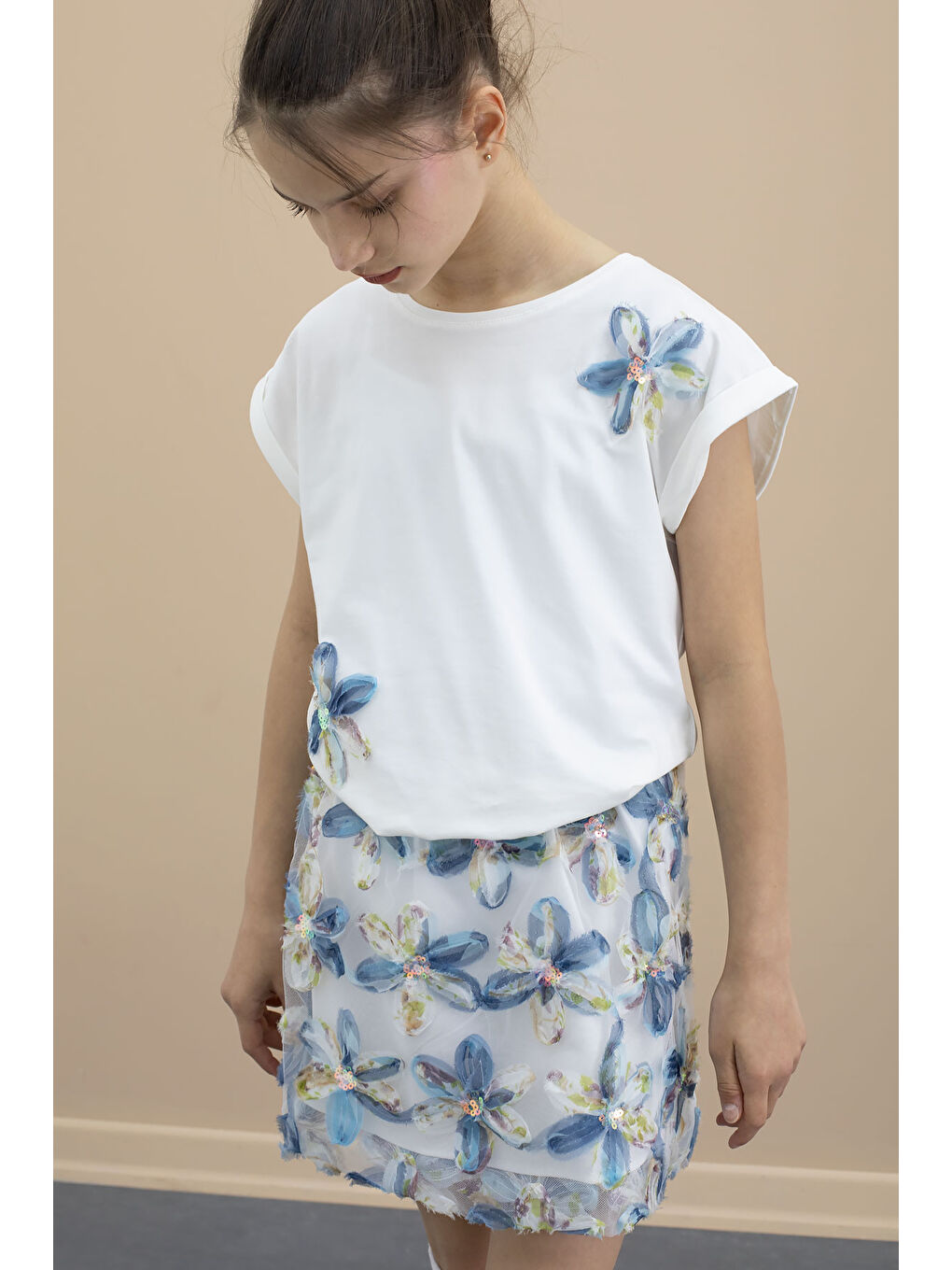 Mavi Çiçek İşlemeli Tüllü Etekli Kısa Kol Bluzlu Kız Çocuk 2li Takım 21048-2
