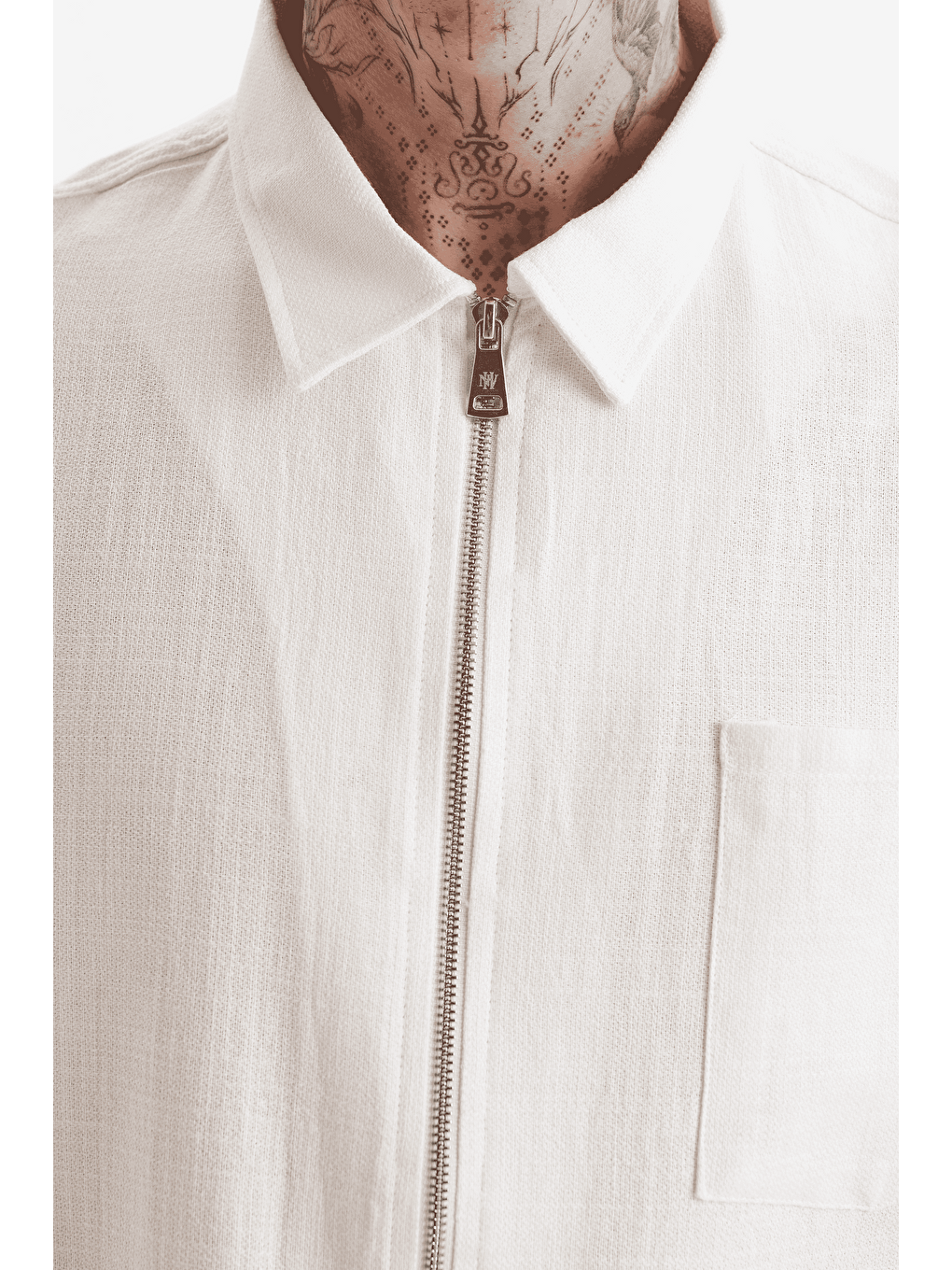 Erkek Lilyum Keten Fermuarlı Cepli Gömlek Ekru-3