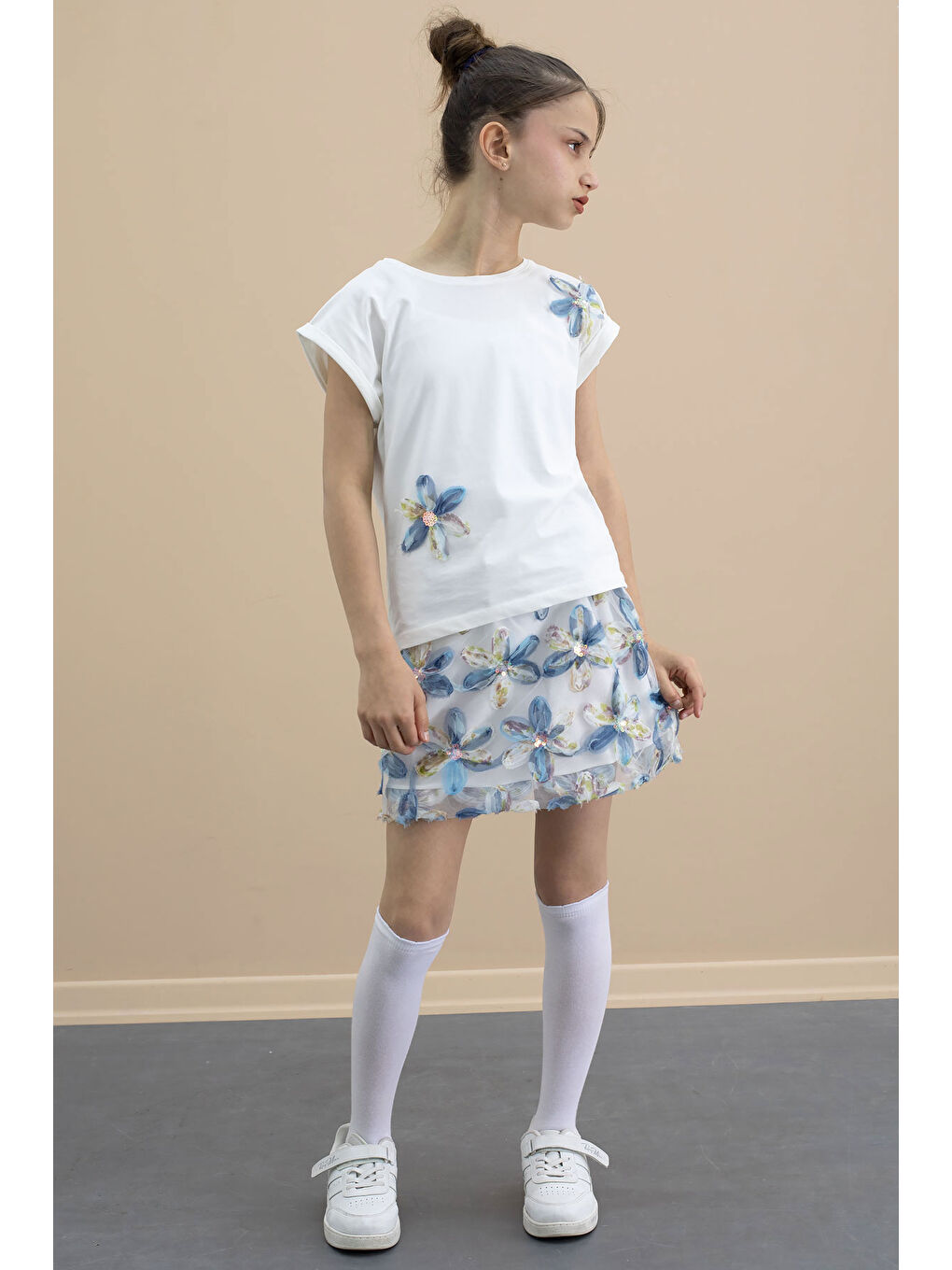 Mavi Çiçek İşlemeli Tüllü Etekli Kısa Kol Bluzlu Kız Çocuk 2li Takım 21048-3